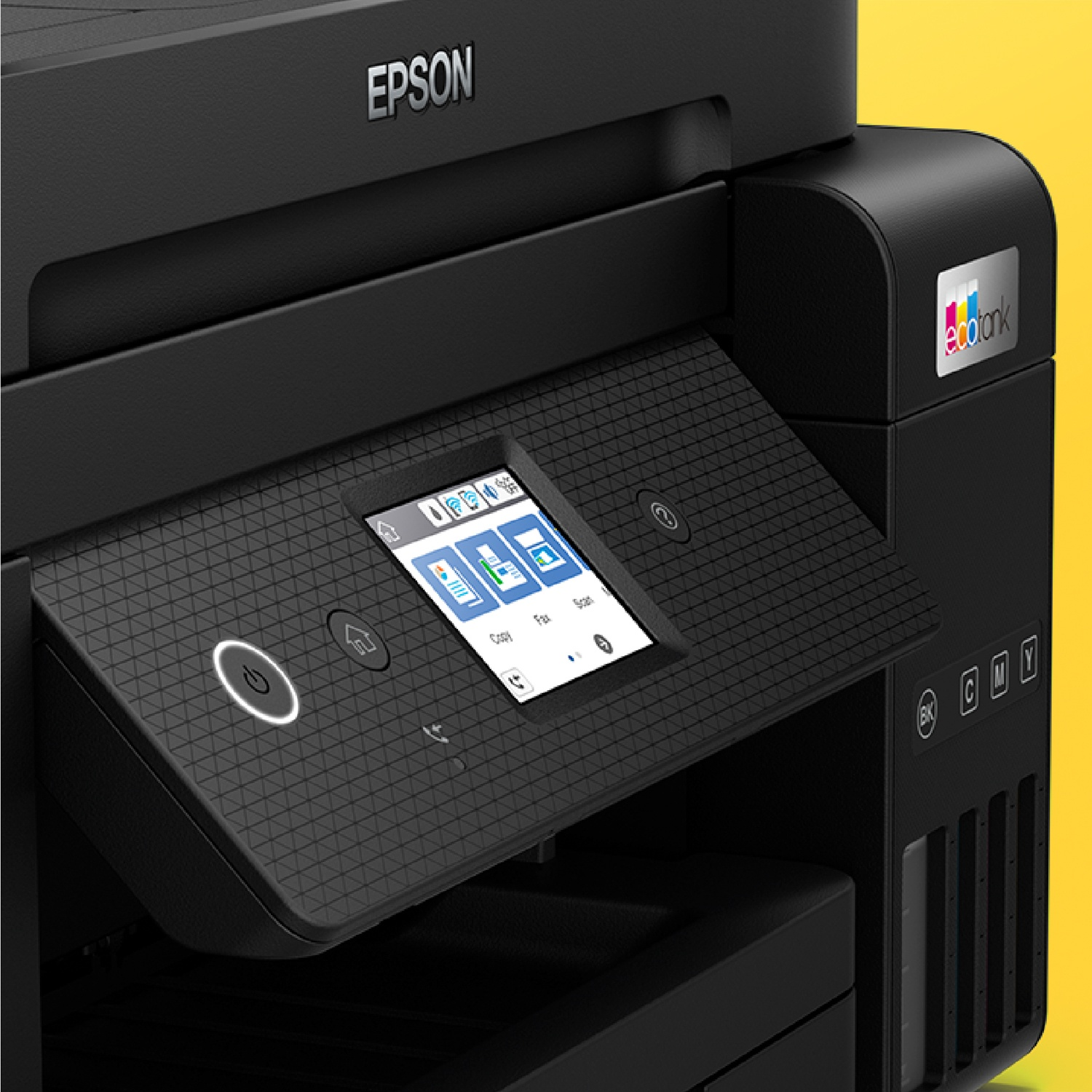 Una stampante Epson nera con pannello di controllo. Il pannello ha schermo e pulsanti. La stampante ha un logo 'ecotank'.