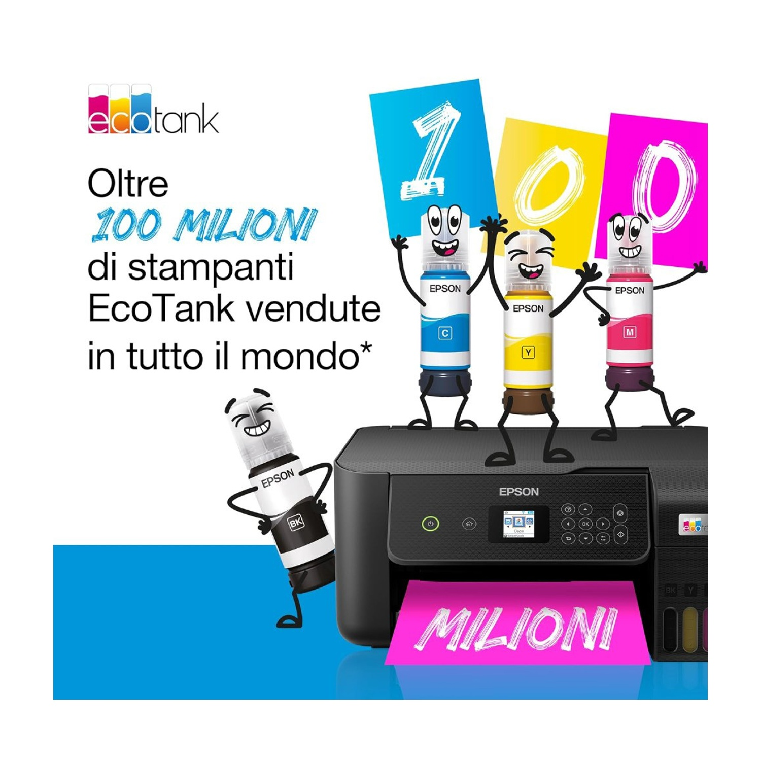Pubblicità Epson EcoTank. Flaconi di inchiostro animati con numeri, una stampante e testo: Oltre 100 milioni di stampanti EcoTank vendute in tutto il mondo.