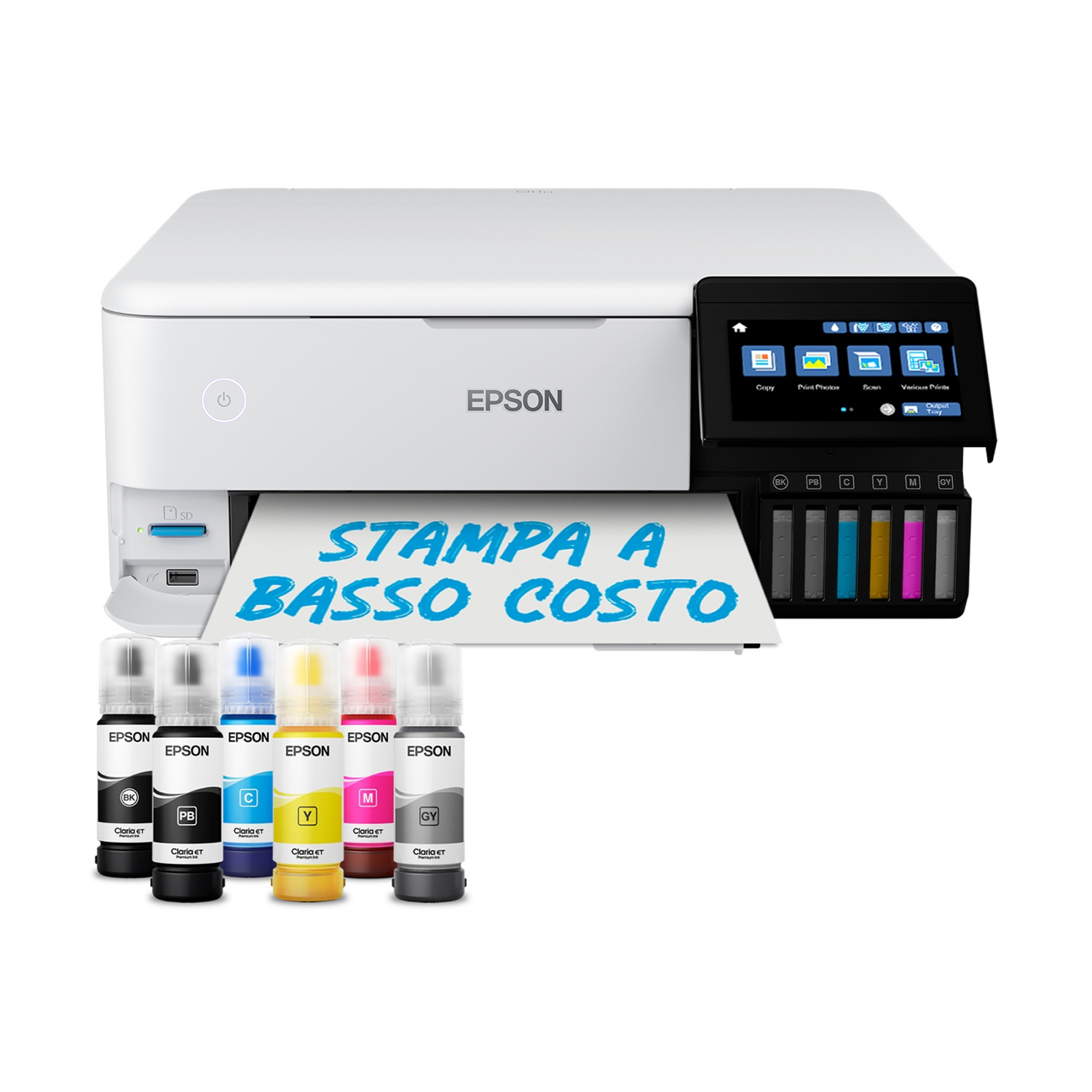 Una stampante Epson con flaconi di inchiostro. Ha uno schermo e un'uscita carta. Il testo 'STAMPA A BASSO COSTO' è visualizzato.