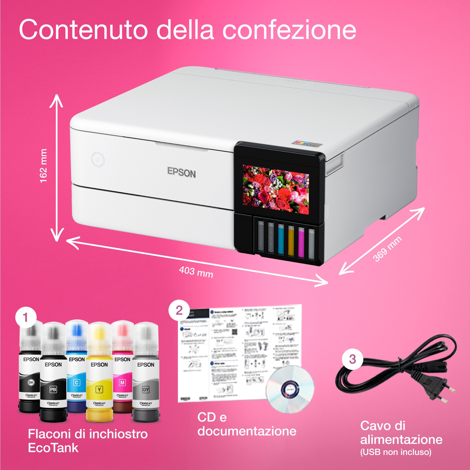 Stampante Epson bianca con flaconi d'inchiostro, CD e cavo di alimentazione su sfondo rosa. Dimensioni indicate.