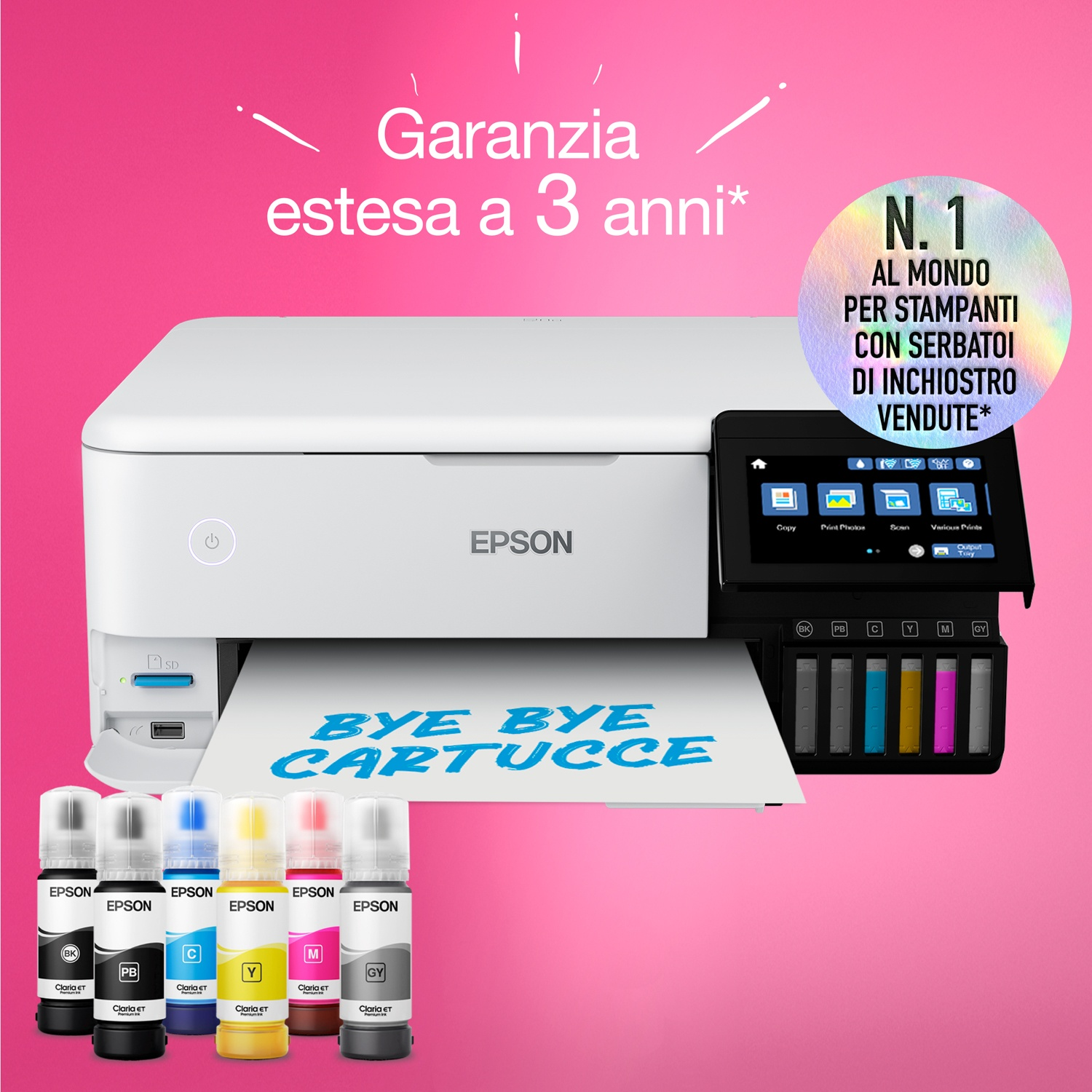 Stampante Epson con flaconi di inchiostro. Sfondo rosa. Testo: Garanzia estesa a 3 anni. N. 1 al mondo per stampanti.