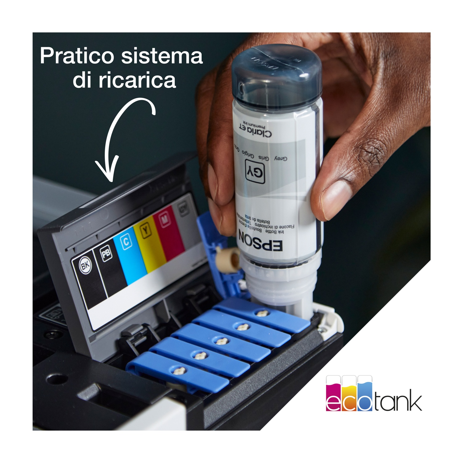 Una mano ricarica un serbatoio d'inchiostro con una bottiglia grigia etichettata Claria ET. La stampante ha slot per inchiostro blu.