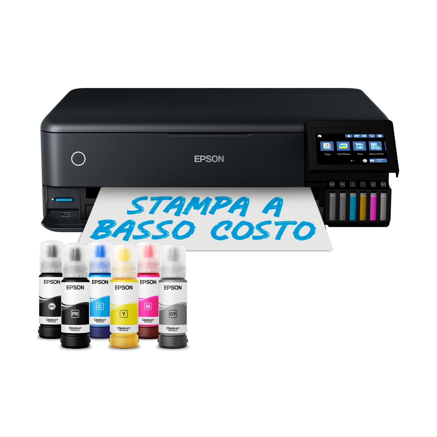 Una stampante Epson con flaconi d'inchiostro. Testo: 'STAMPA A BASSO COSTO'. Colori inchiostro: nero, ciano, giallo, magenta, grigio.