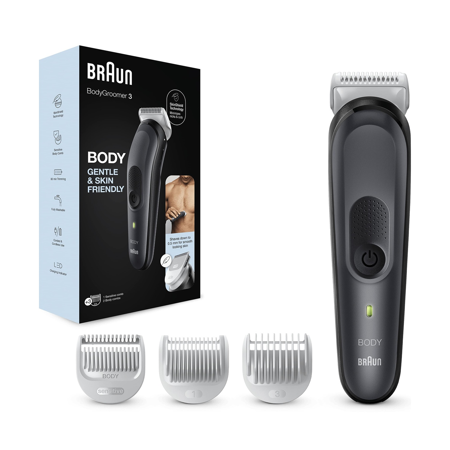 Rasoio rifinitore Braun Bodygroomer 3 Bg3340, con 2 pettini fissi, 1 pettine per le aree sensibili, 80 min di autonomia