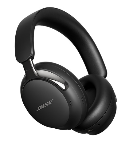Czarne słuchawki Bose na białym tle. Słuchawki mają wyściełany pałąk i nauszniki.