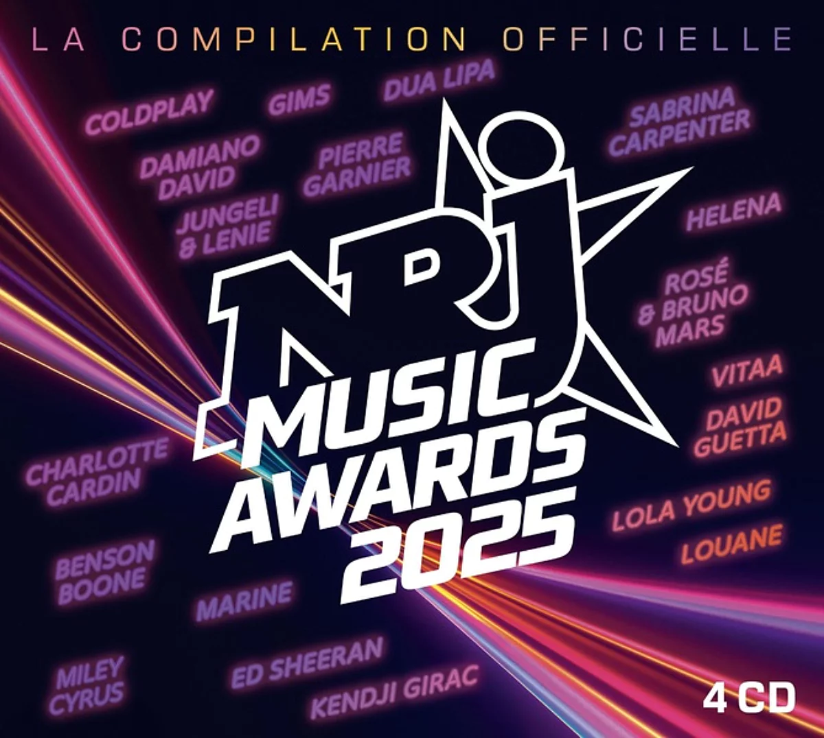 Cover van de NRJ Music Awards 2025 compilatie-cd. Bevat artiestennamen en het NRJ-logo met een ster.