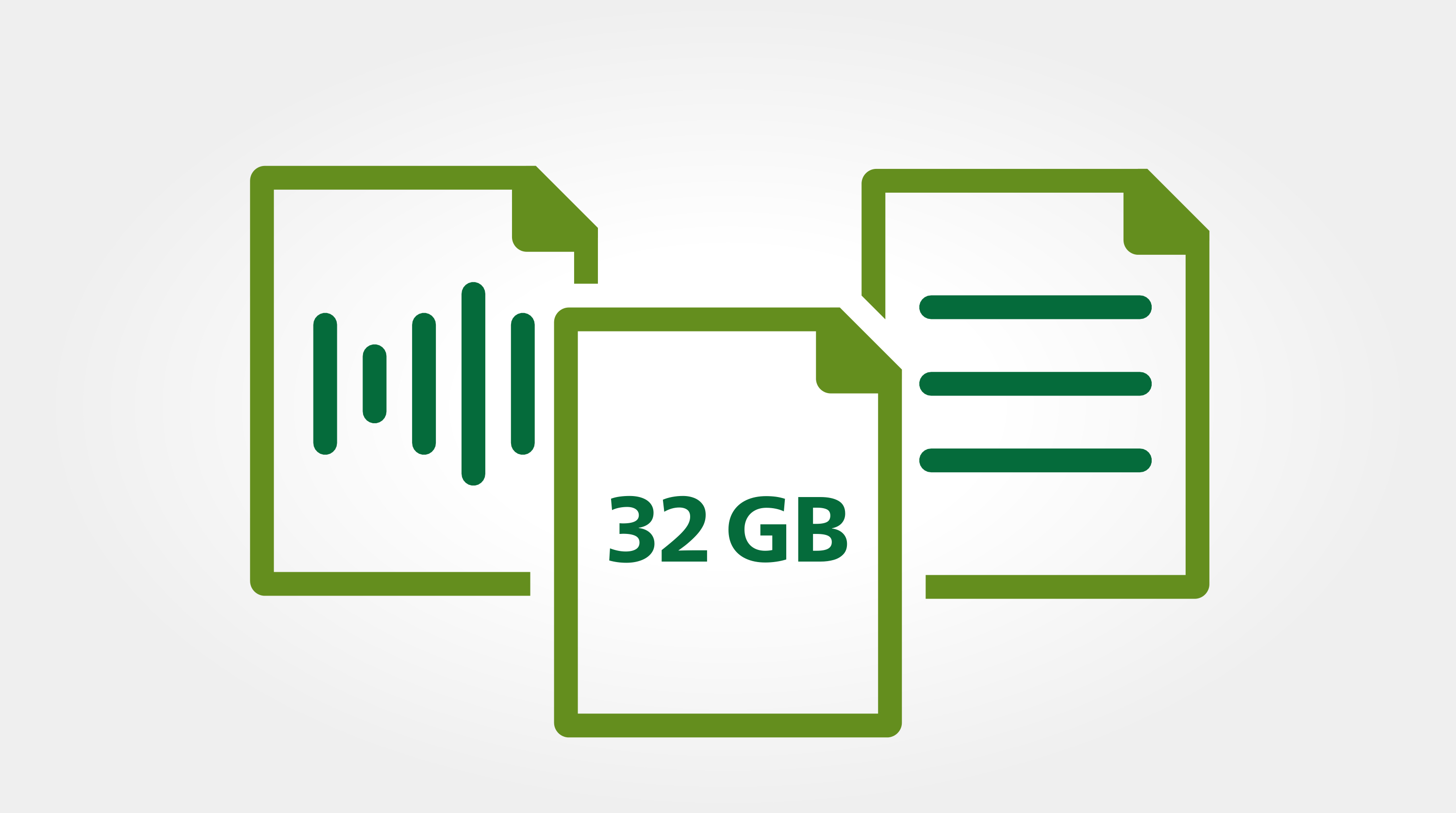 Drei grüne Dokumentsymbole. Eines zeigt Schallwellen, eines sagt 32 GB, und das letzte hat drei horizontale Linien.
