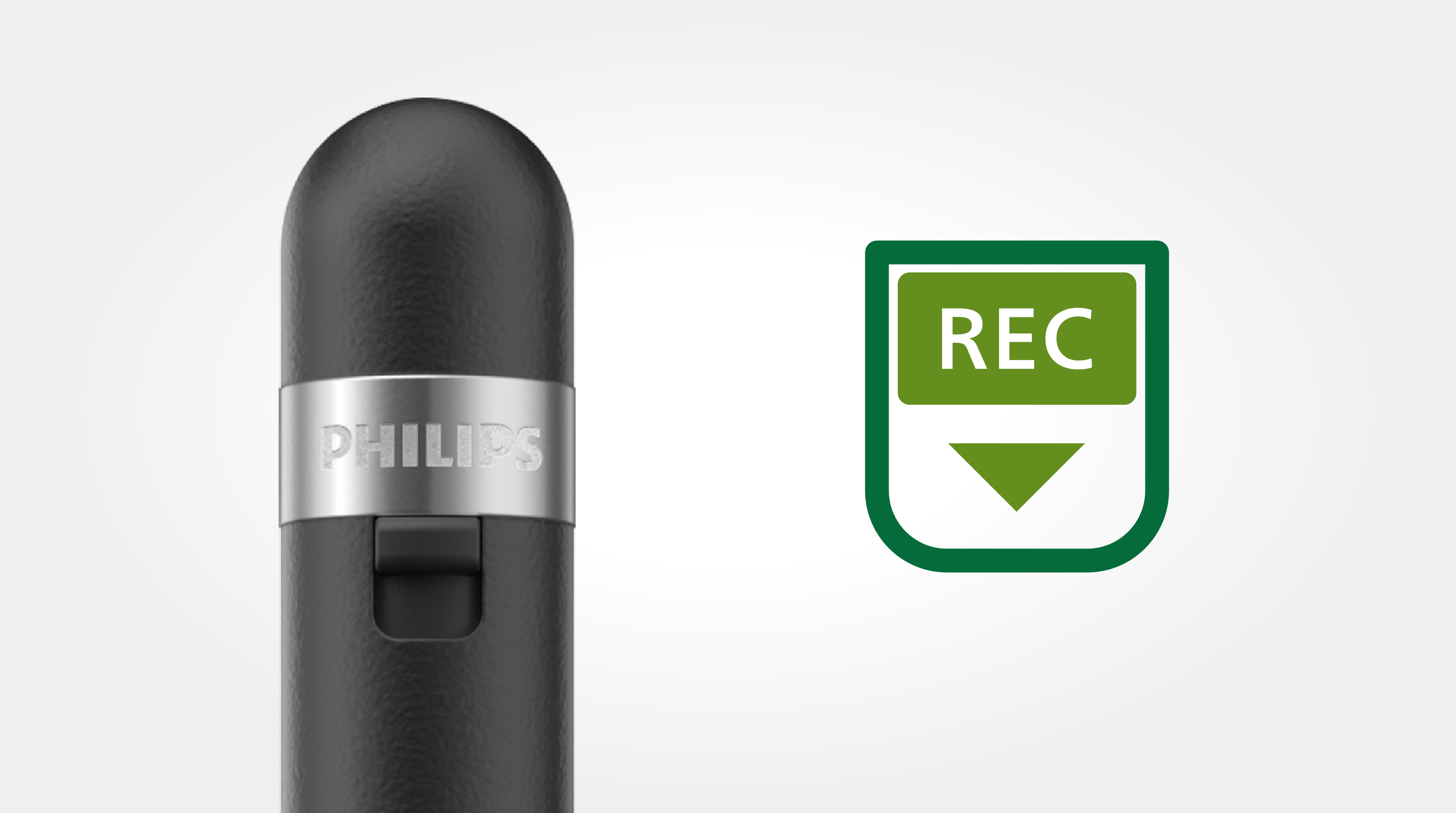 Schwarzer Philips-Rekorder mit silbernem Band. Grünes REC-Symbol mit Pfeil nach unten.