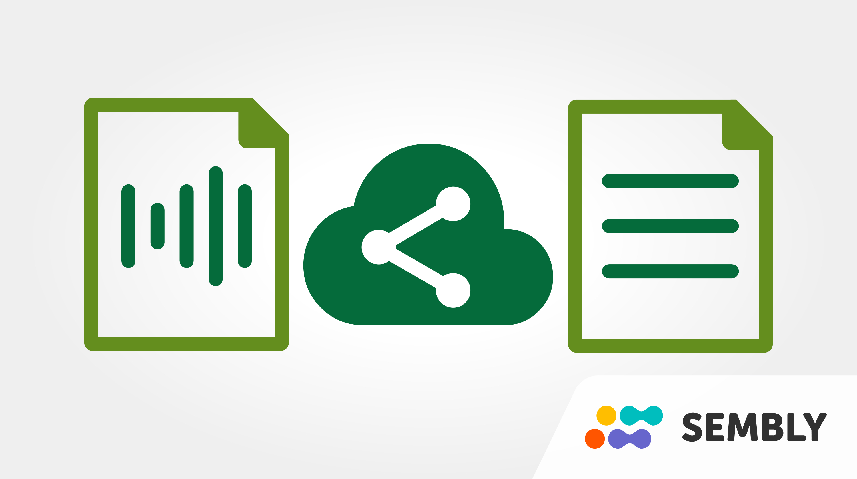 Das Bild zeigt Symbole für Audio-Wellenform, Cloud-Sharing und Dokument. Unten ist ein Logo für Semblly zu sehen.