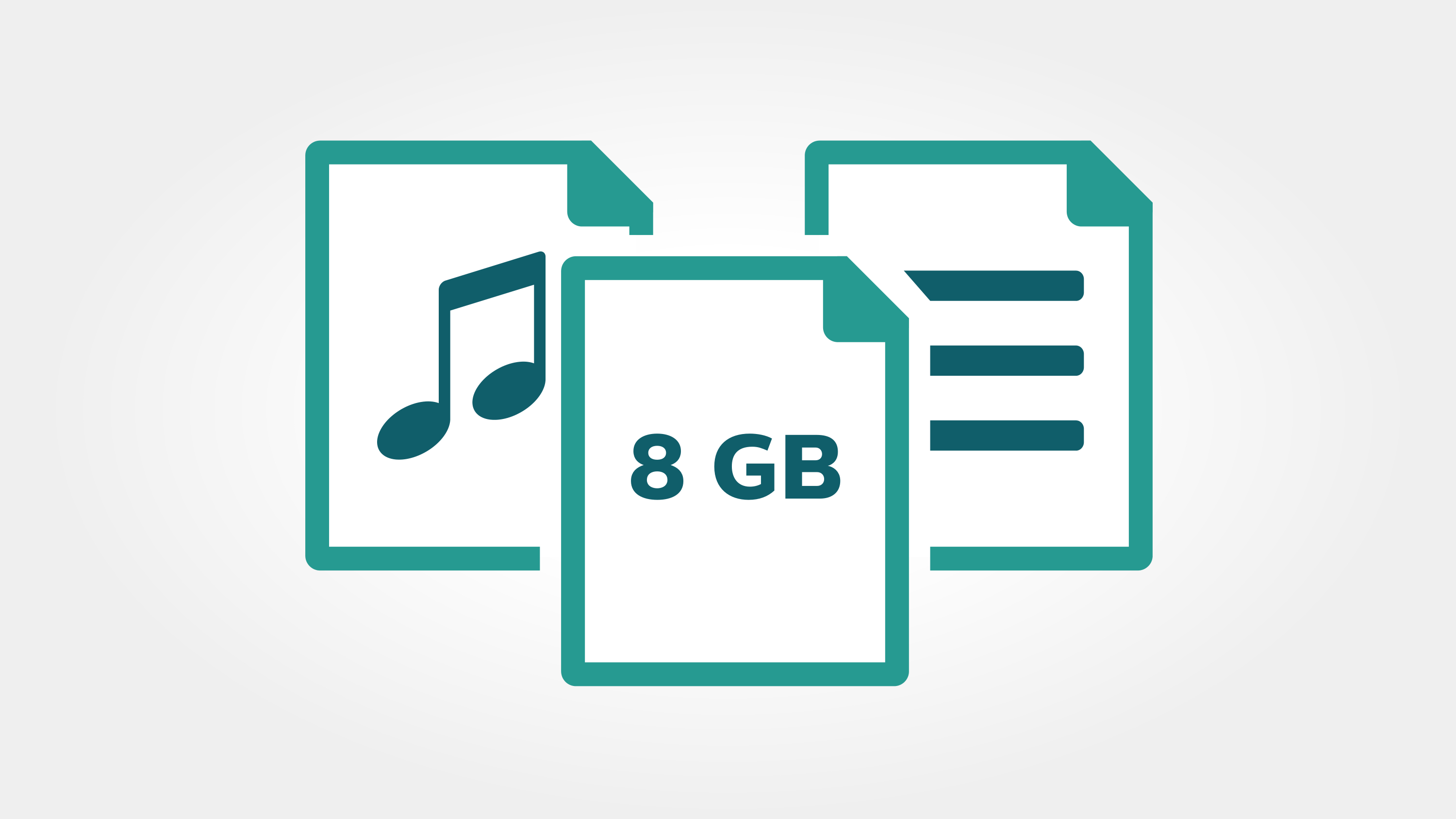 Drei Dokumentsymbole. Eines mit einer Musiknote, eines mit '8 GB' und eines mit horizontalen Linien, alle in teal Umrissen.