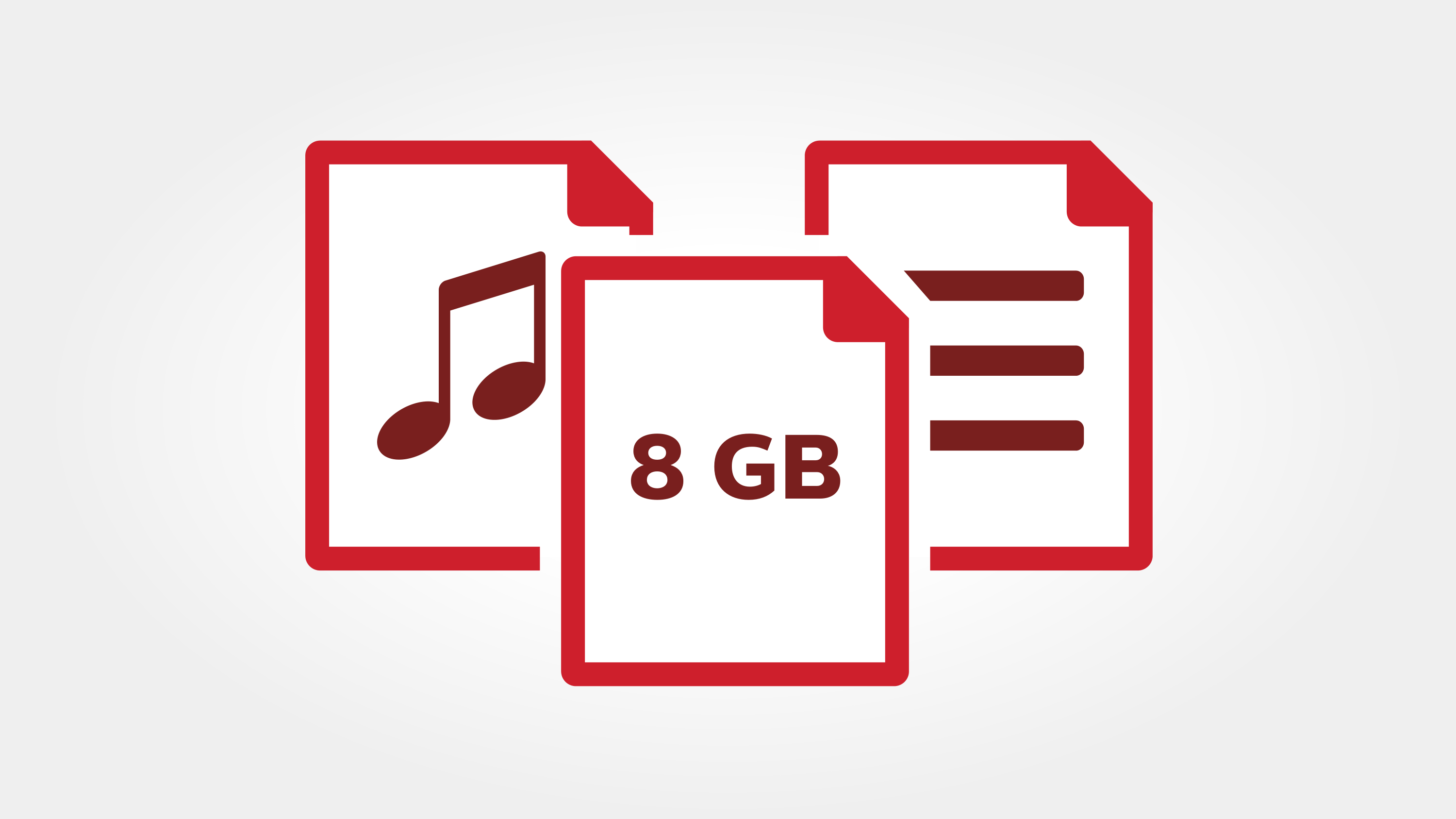 Drei rote Dokumentsymbole. Eines mit einer Musiknote, eines mit '8 GB' und eines mit drei horizontalen Linien.