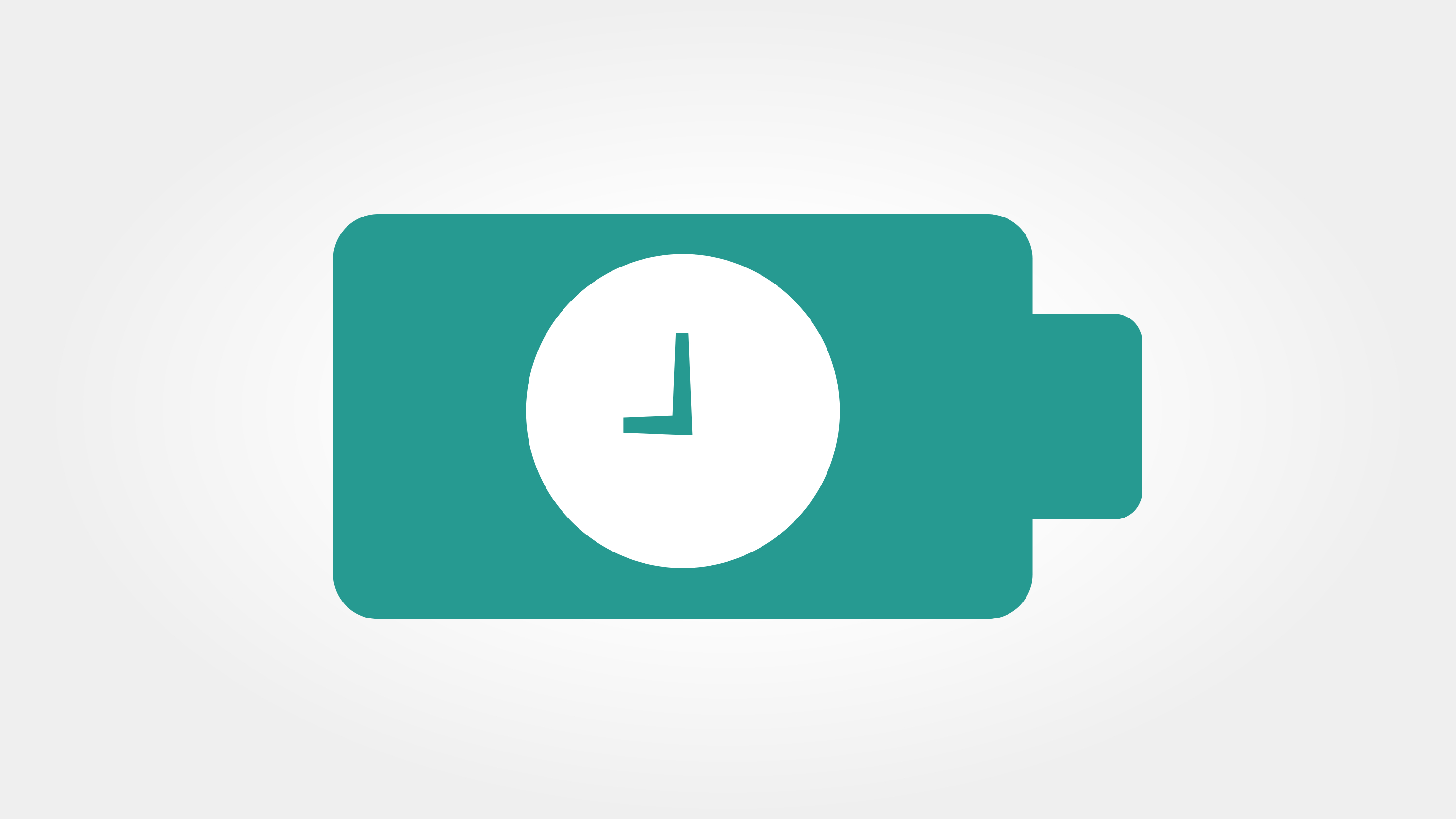 Ein Symbol eines batterieähnlichen Objekts mit einer Uhr darin. Die Batterie ist türkis, die Uhr weiß, der Hintergrund grau.