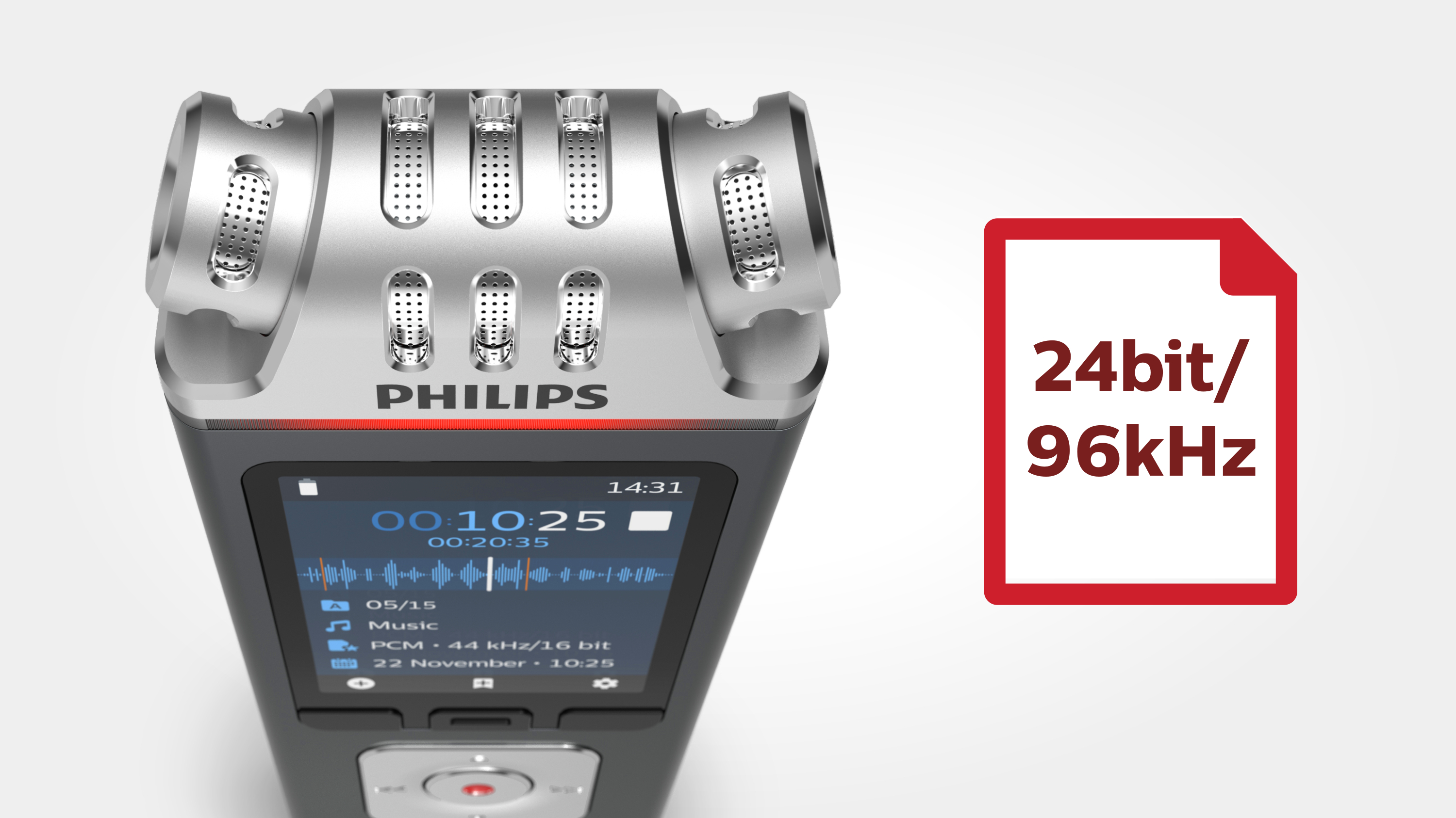 Ein silbernes Philips-Diktiergerät zeigt eine Aufnahmeschnittstelle. Eine rote Box rechts zeigt '24bit/96kHz'.