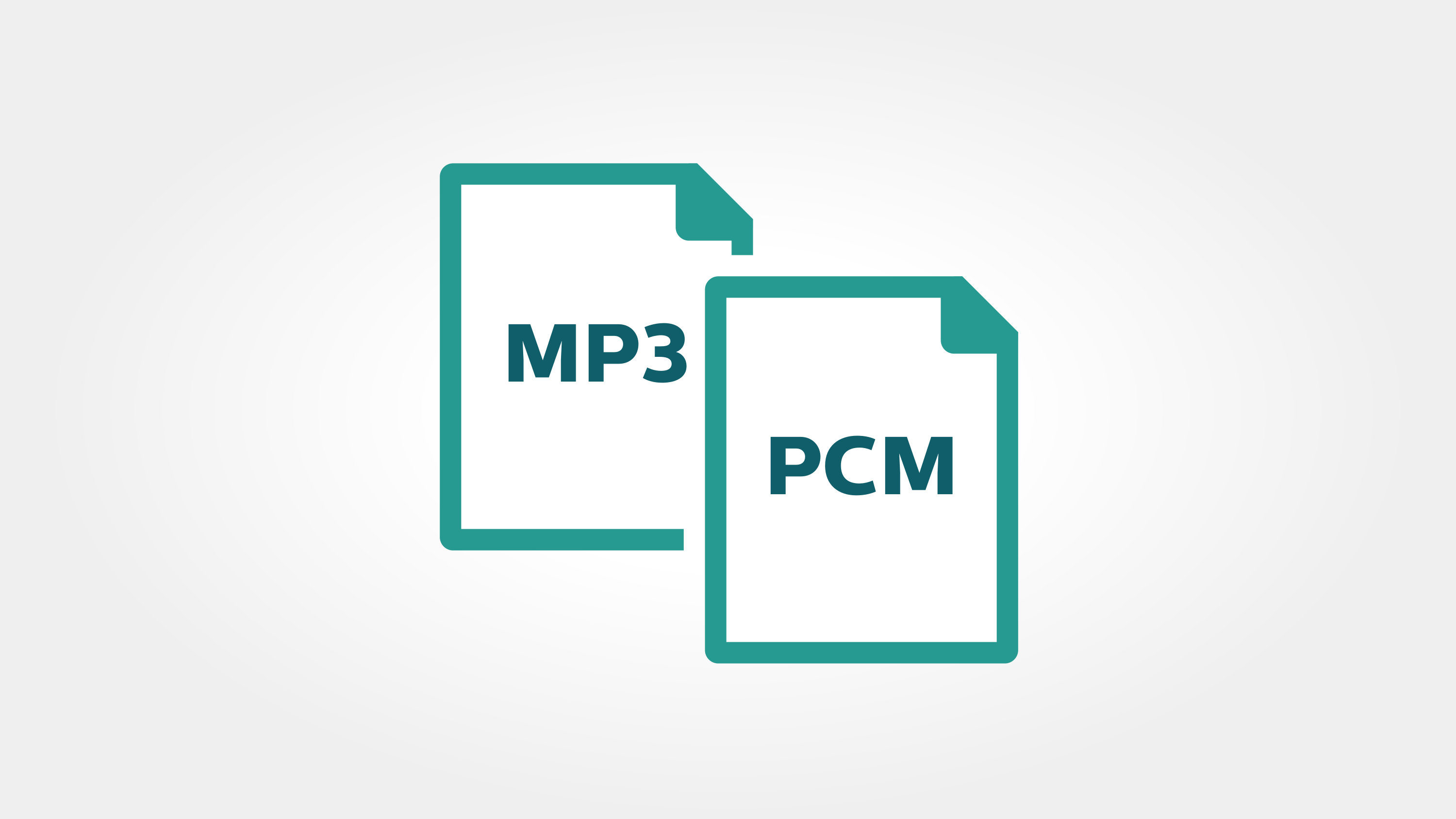 Zwei türkisfarbene Dateisymbole, eines mit der Aufschrift MP3 und das andere mit PCM, vor hellgrauem Hintergrund.