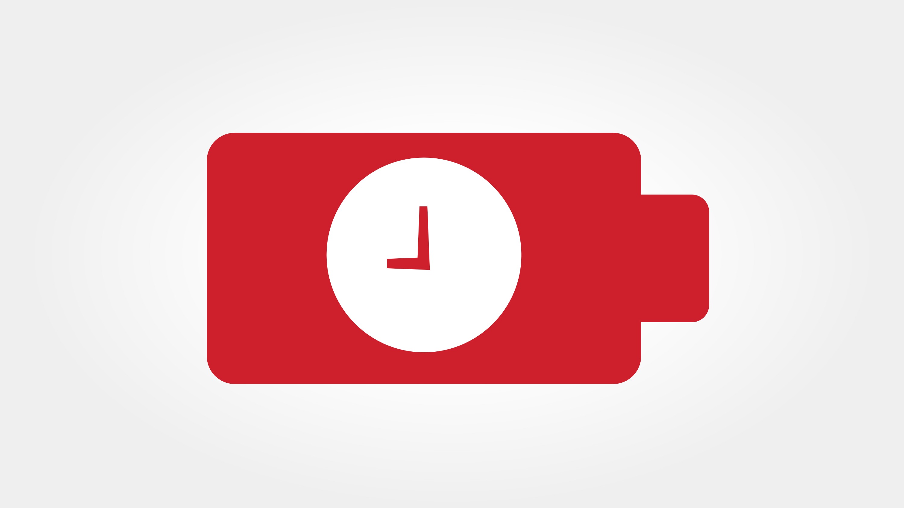 Ein rotes Batterie-Symbol mit einer weißen Uhr im Inneren, die Zeiger zeigen auf 3 Uhr. Der Hintergrund ist hellgrau.