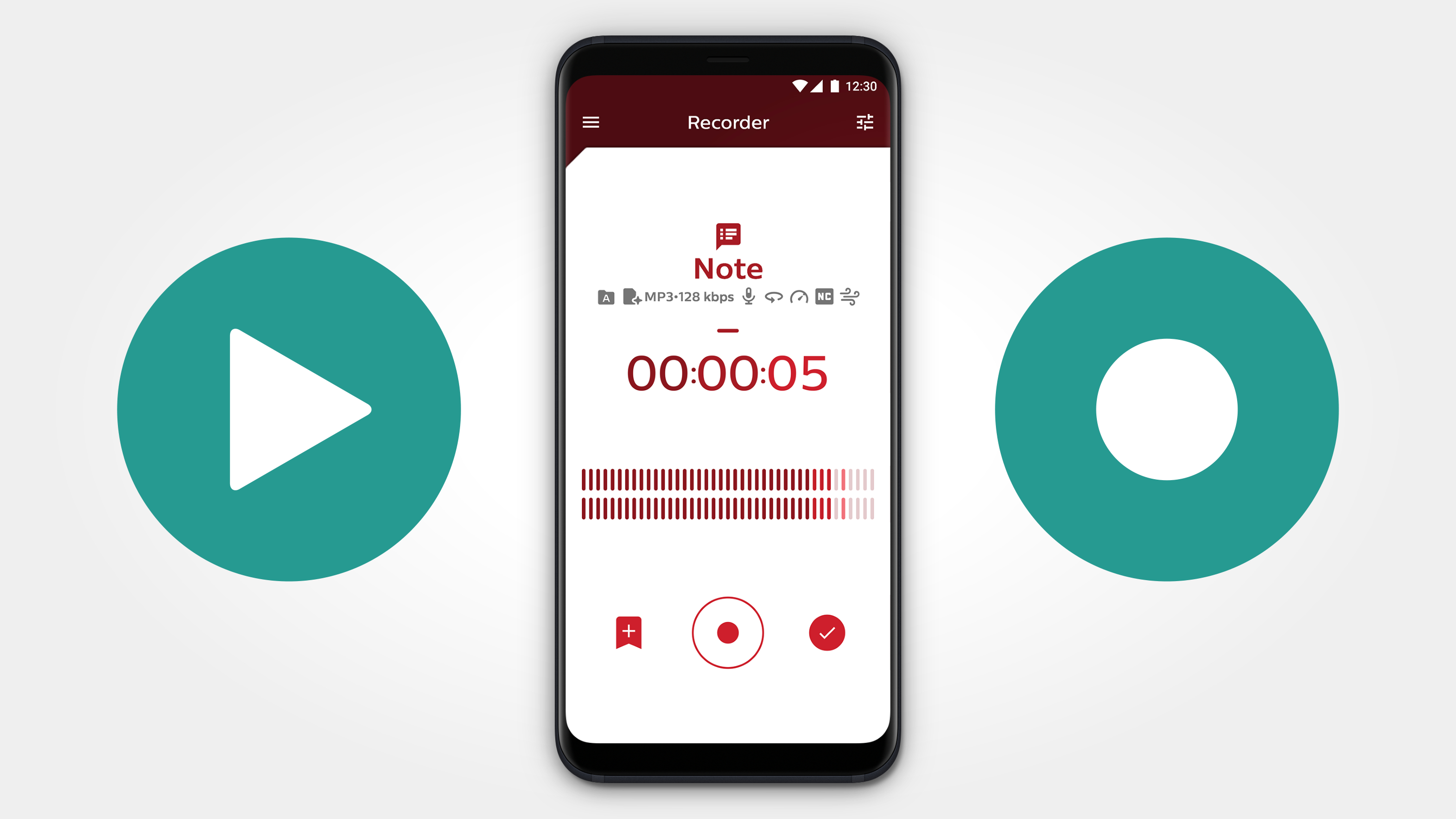 Ein Telefon zeigt eine Aufnahme-App. Der Bildschirm zeigt die Aufnahmezeit, einen roten Punkt und ein Häkchen. Zwei grüne Kreise flankieren das Telefon.