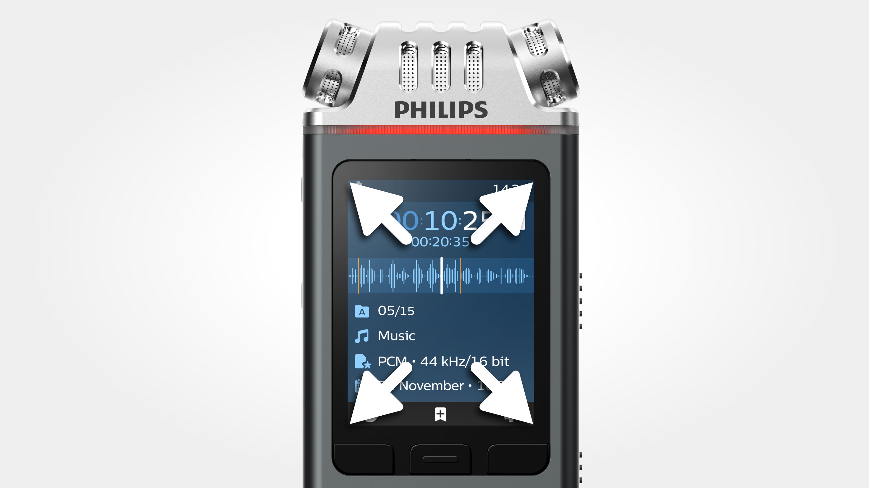 Ein Philips-Diktiergerät zeigt einen Aufnahmebildschirm mit Zeit, Audiopegeln und Optionen. Weiße Pfeile zeigen auf den Bildschirm.