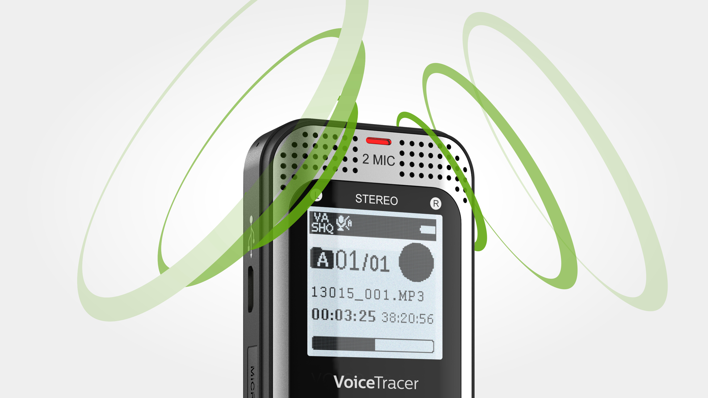 Ein schwarzes VoiceTracer-Aufnahmegerät mit Bildschirm, der Aufnahmeinformationen zeigt, grüne Wirbel im Hintergrund. Oben hat 2 Mikrofone und eine rote Anzeige.