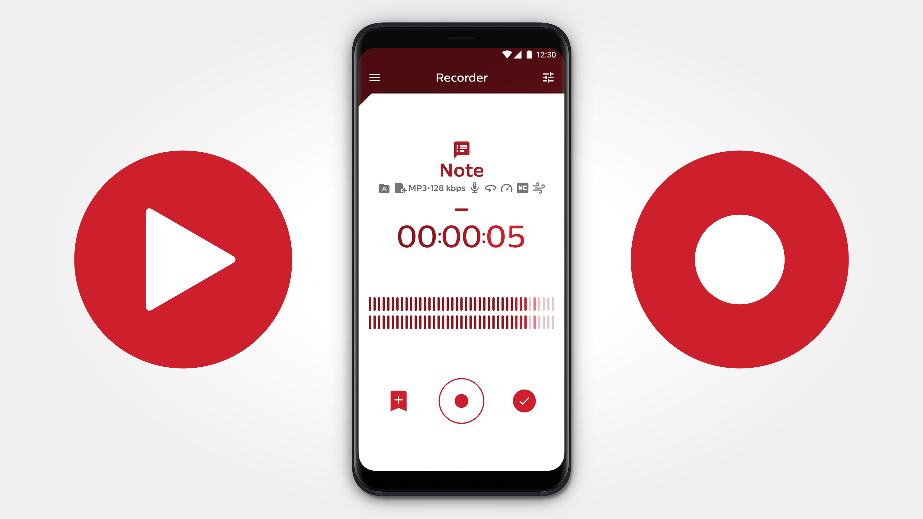 Smartphone-Bildschirm mit Sprachaufzeichnungs-Oberfläche. Rote Wiedergabe- und Aufnahmetasten an den Seiten. Eine weiße Wiedergabetaste links.