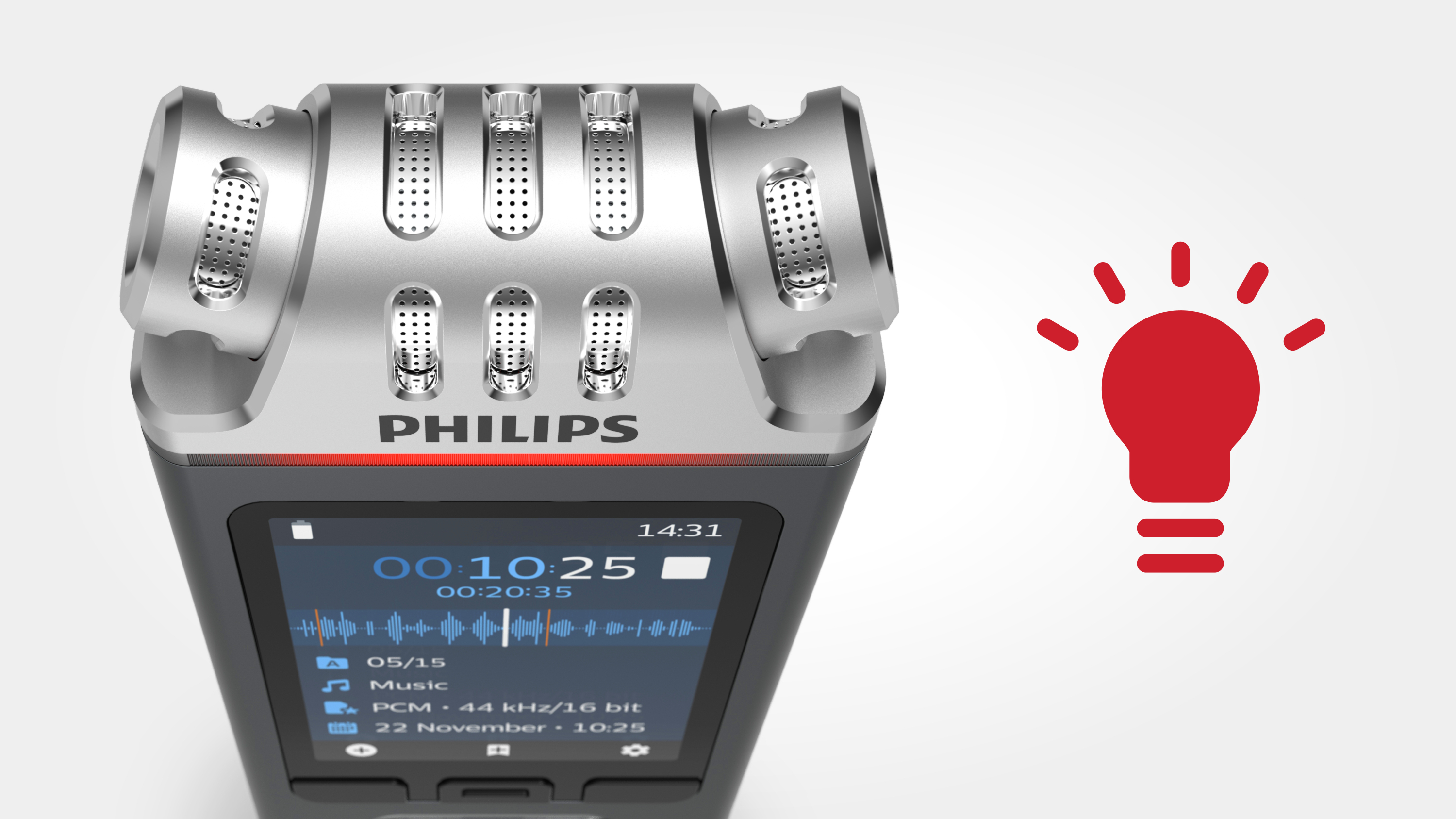 Ein Philips-Audiorekorder mit Bildschirm, der Aufnahmedetails anzeigt. Rechts ist eine rote Glühbirne.