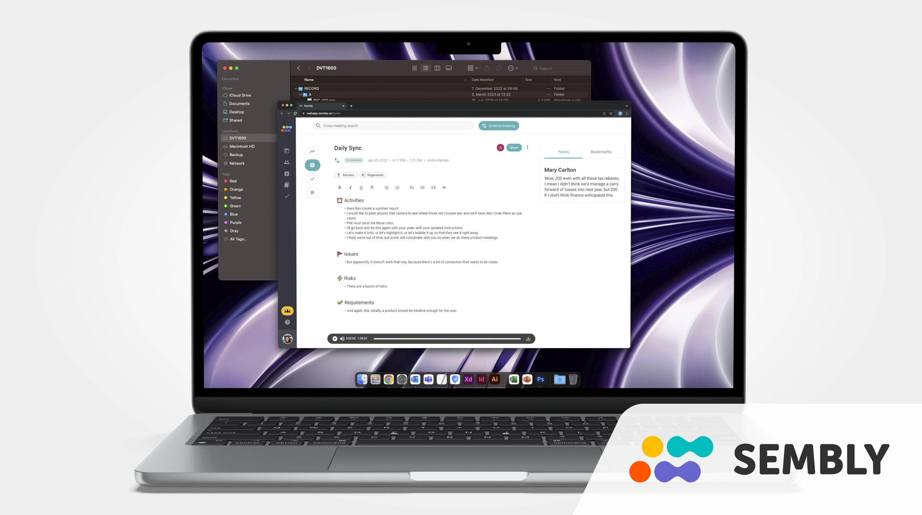 Laptop, der eine Web-App mit Notizen, Dateien und App-Symbolen anzeigt. Das Semblly-Logo ist rechts unten.