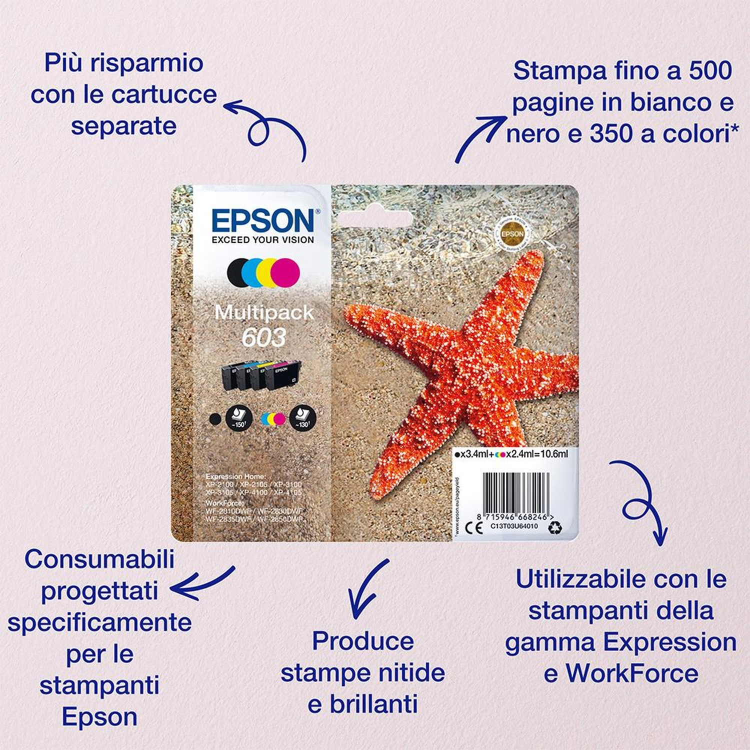 Confezione di cartucce d'inchiostro Epson con stella marina e testo. Mostra la compatibilità della stampante e i dettagli della capacità dell'inchiostro.