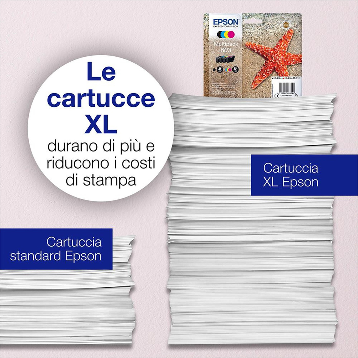 L'immagine mostra cartucce per stampanti Epson. Le cartucce XL durano più a lungo e riducono i costi di stampa. C'è una stella marina sulla confezione.