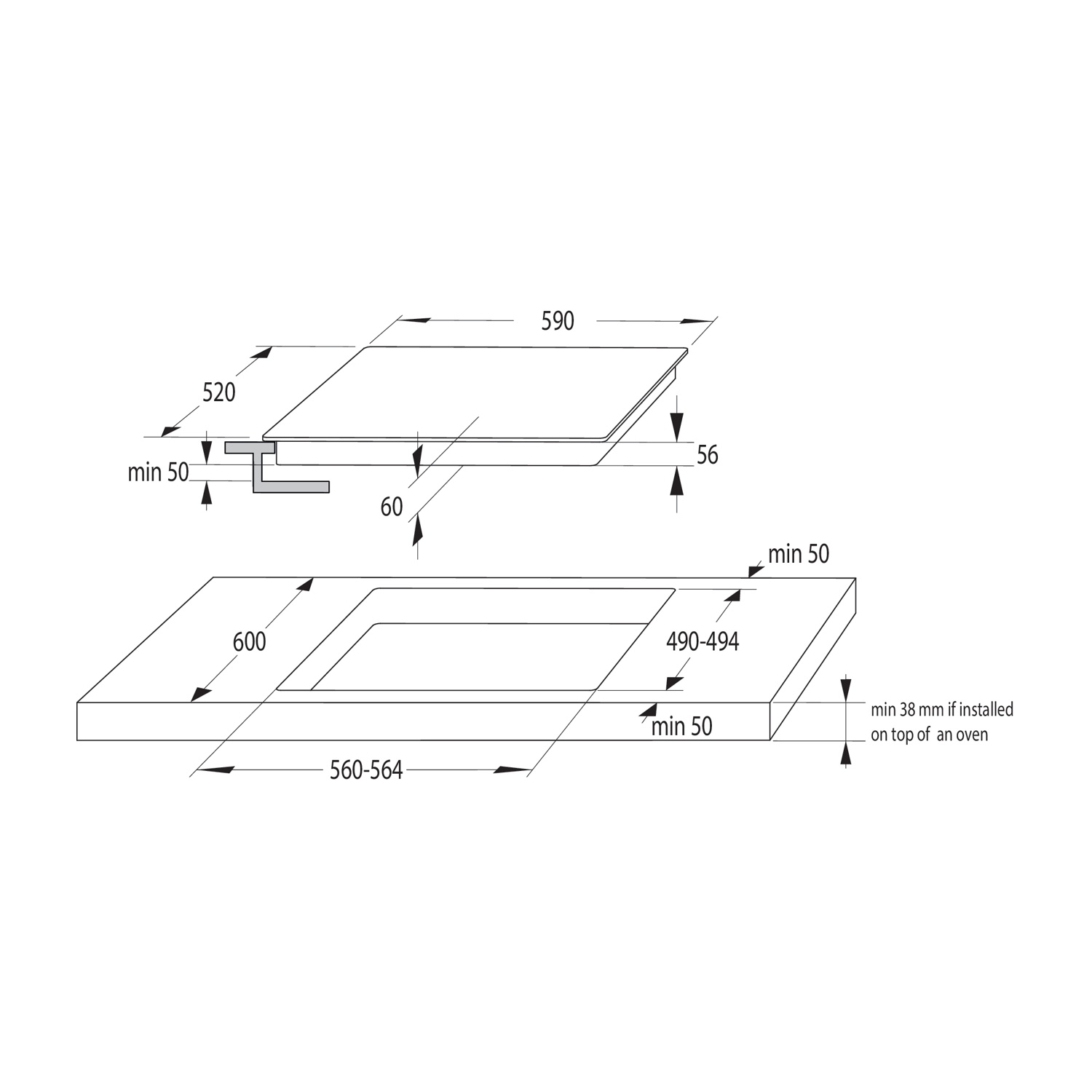Disegno tecnico di un piano cottura con dimensioni in mm. Mostra dimensioni complessive, ritaglio e profondità minime di installazione.
