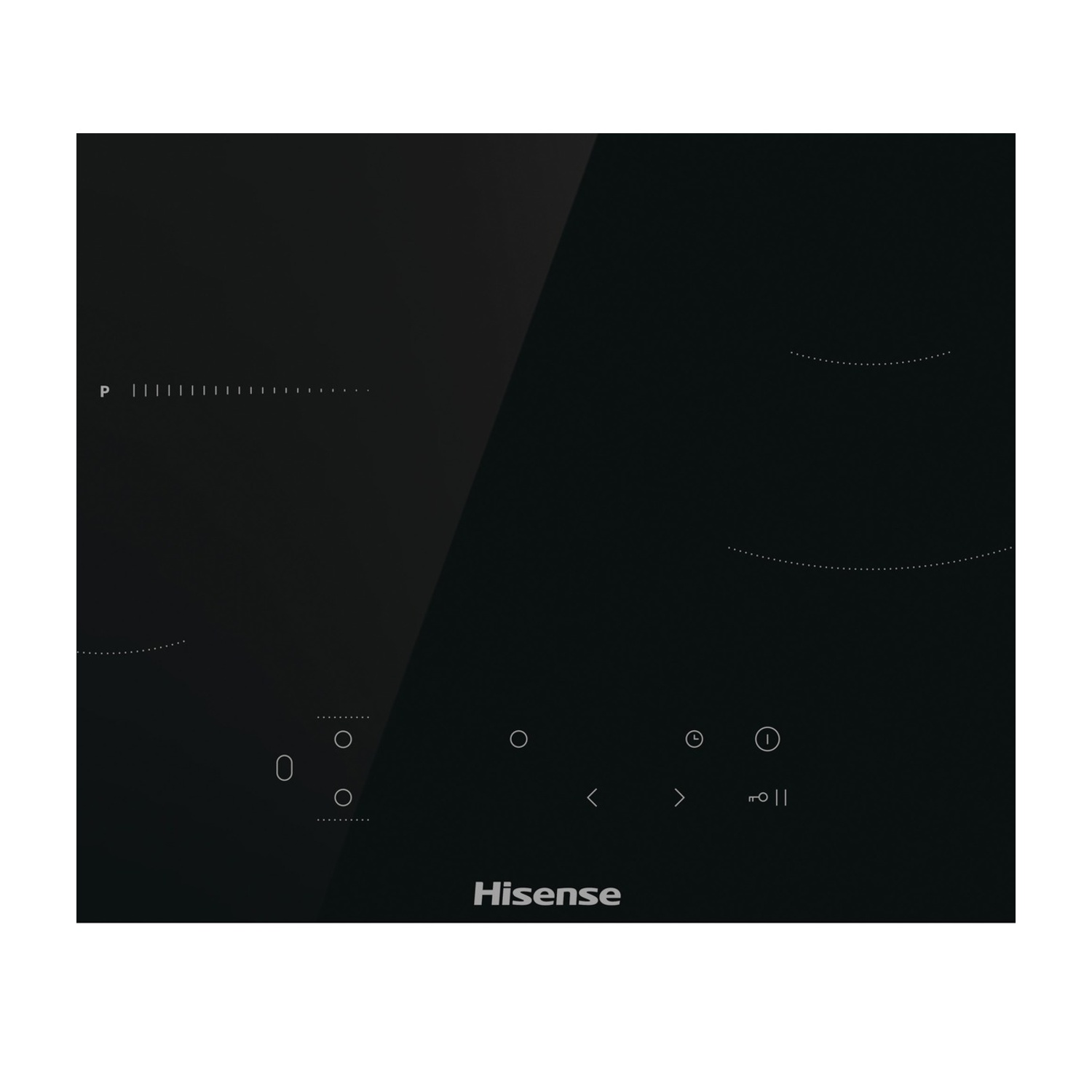 Piano cottura a induzione Hisense nero. Include impostazioni di potenza, comandi touch e funzione timer. La superficie è lucida.