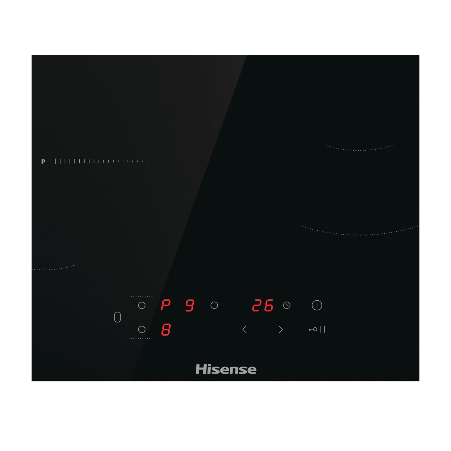 Piano cottura a induzione Hisense nero. Visualizza numeri e simboli in rosso. Ha controlli touch per potenza e impostazioni.