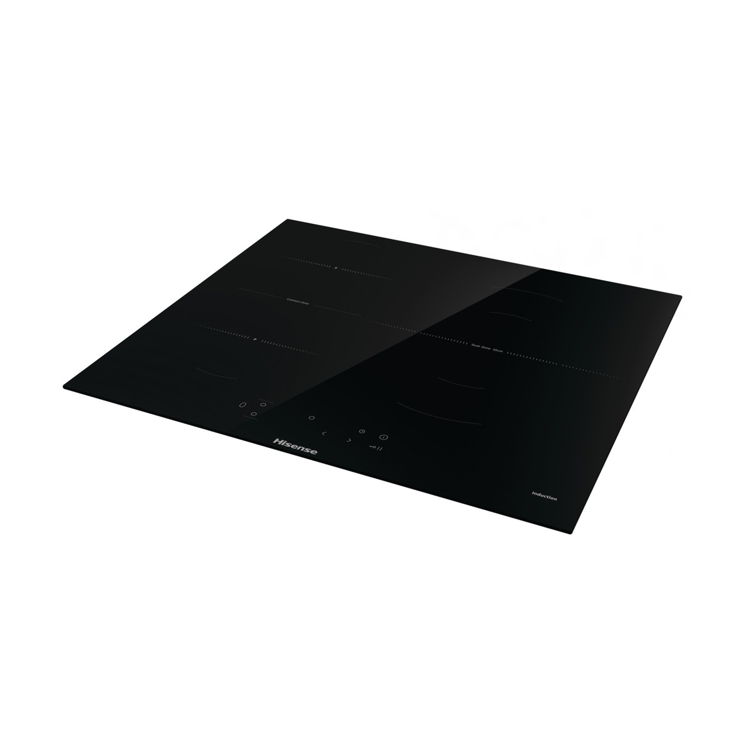 Un piano cottura a induzione Hisense nero, vista angolata. Ha comandi touch e zone di cottura multiple. La superficie è riflettente.