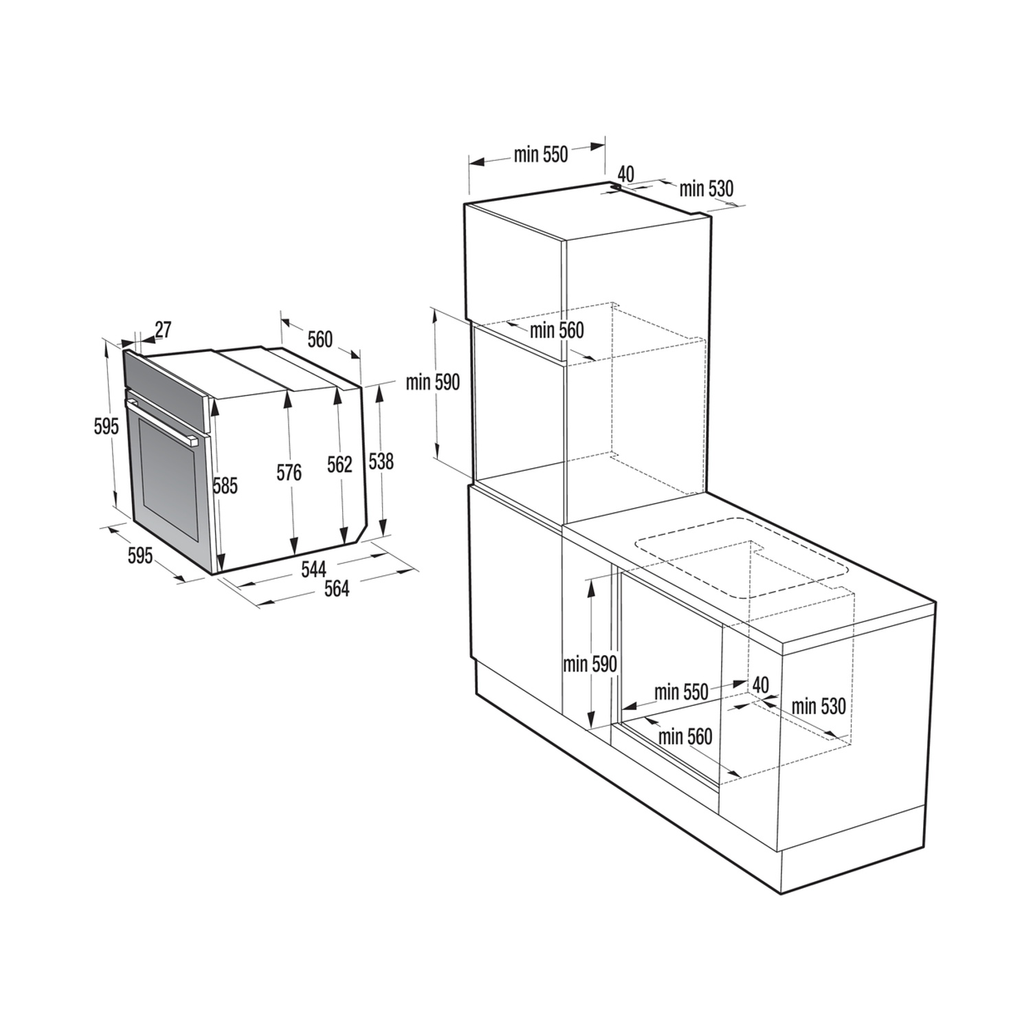 Diagramma che mostra un forno e un mobile da cucina, con dimensioni in millimetri. Forno a sinistra, mobile a destra.