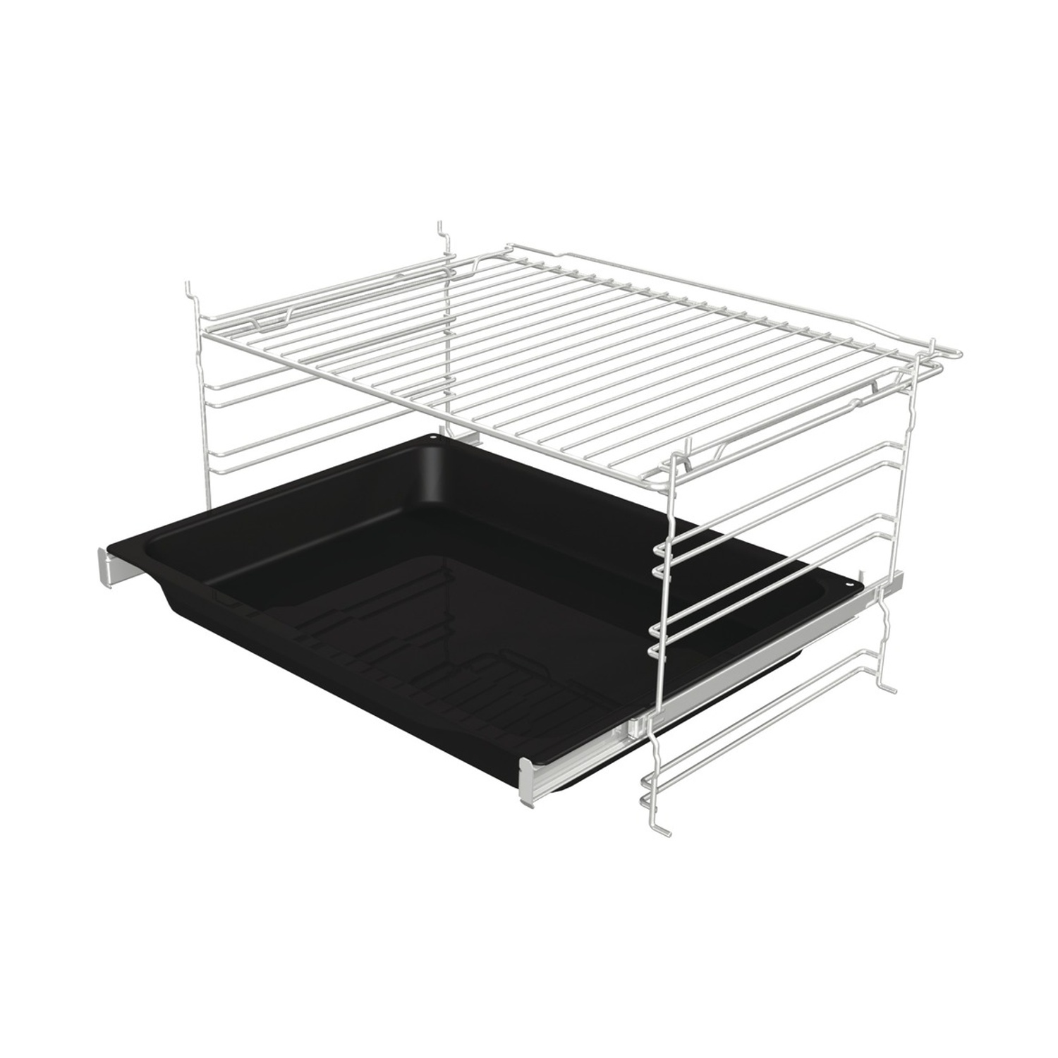 Una griglia del forno in metallo bianco con un vassoio nero sottostante. La griglia ha un design a griglia e il vassoio è rettangolare.