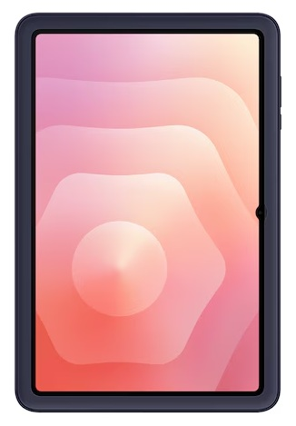 Tablet z kolorowym abstrakcyjnym tłem, gradientami różu i pomarańczy oraz ciemną ramką.