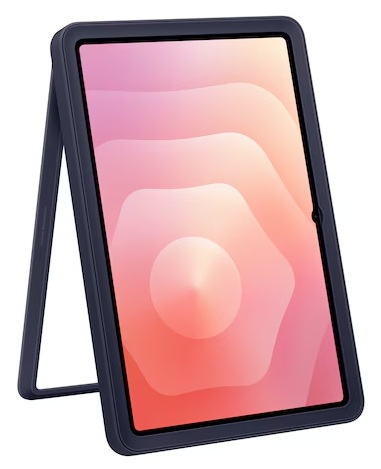 Ciemnoniebieski tablet z kolorowym ekranem, podparty stojakiem, na białym tle.