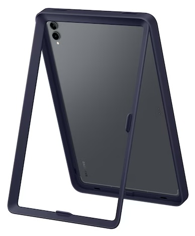 Granatowe etui na tablet, częściowo otwarte, pokazujące ekran tabletu. Etui ma konstrukcję ramową.