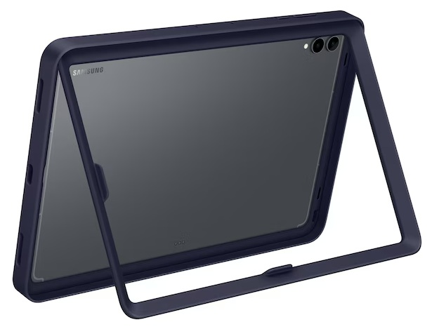 Granatowy tablet w etui ochronnym, częściowo otwarty. Widoczne logo Samsung. Etui posiada wbudowaną podpórkę i wycięcia na aparat.