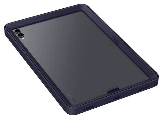 Granatowy tablet w etui ochronnym. Ekran jest ciemny. Samsung widoczne na dole.