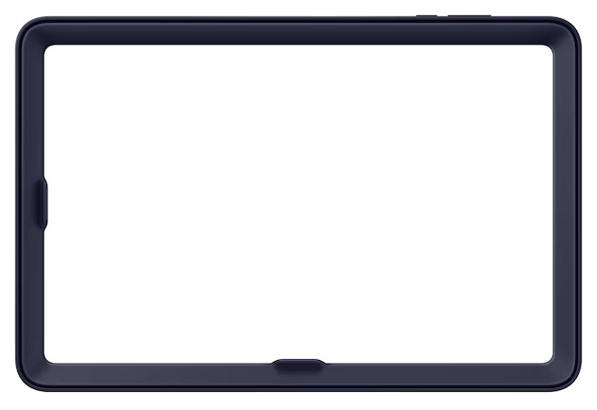 Granatowa ramka tabletu z zaokrąglonymi rogami. Ekran jest biały. Na dole znajduje się mały przycisk.