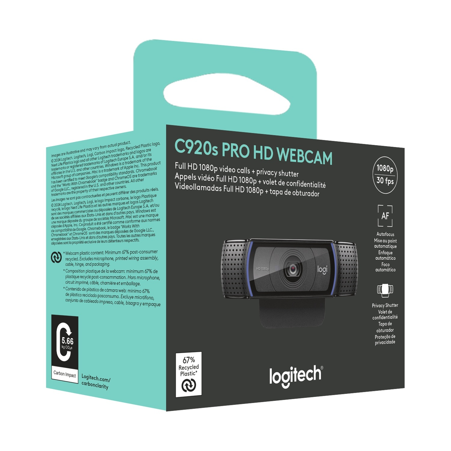 Scatola webcam Logitech C920s. Webcam nera, dettagli sulle funzioni e logo Logitech, tutto su sfondo bianco.