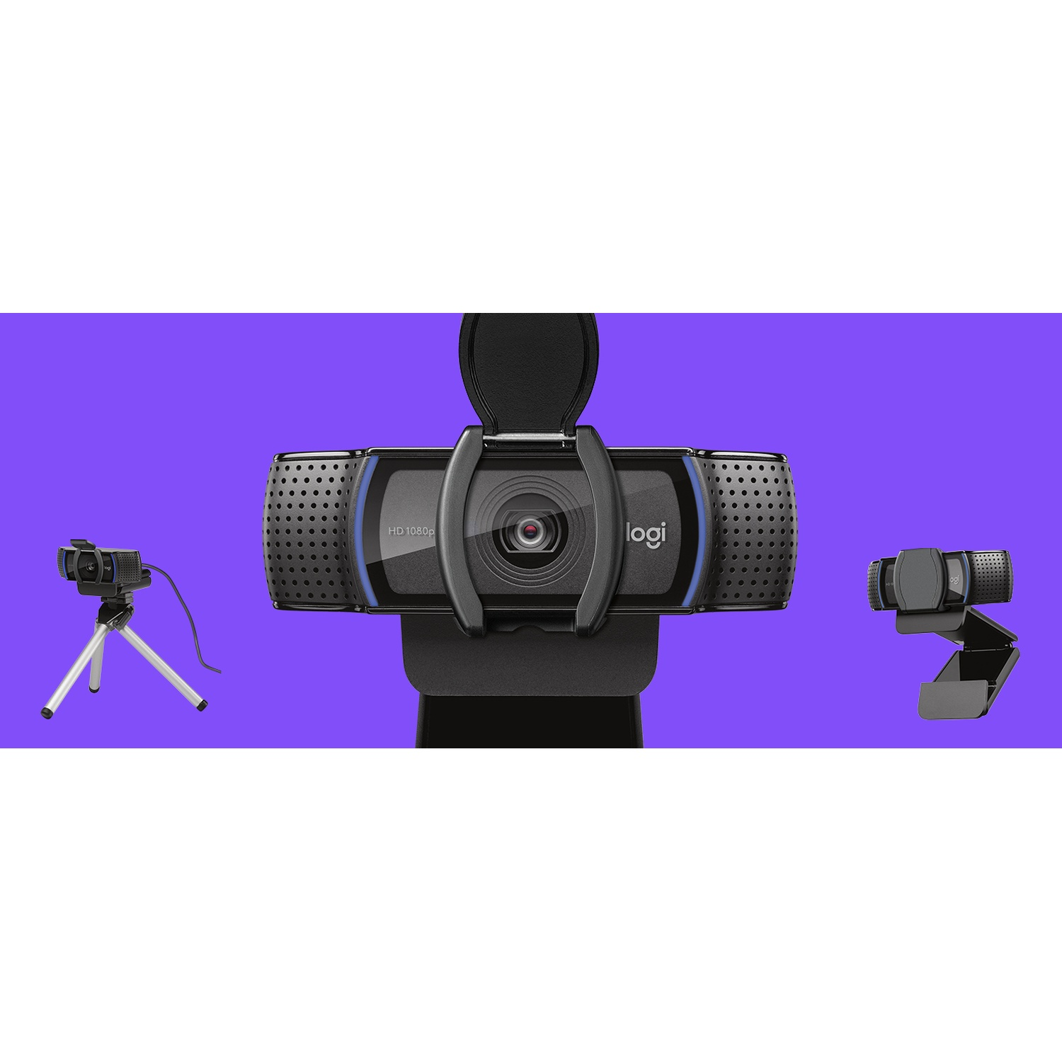 Tre webcam su sfondo viola: webcam centrale con copertura, una a sinistra su treppiede, una a destra su supporto.