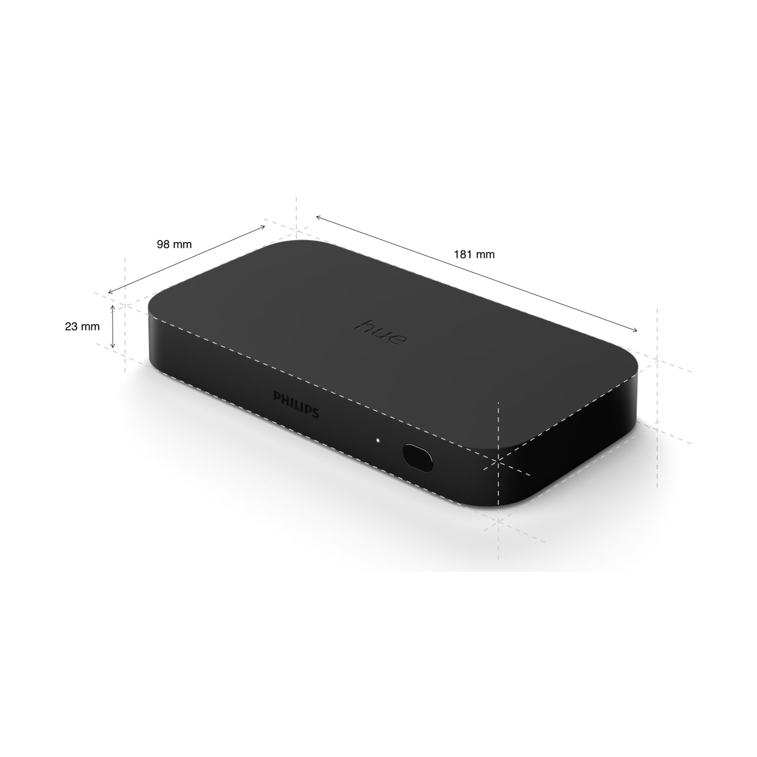 Bridge Philips Hue nero con dimensioni indicate. Ha 'hue' stampato sopra, 'Philips' sul lato e un piccolo pulsante.