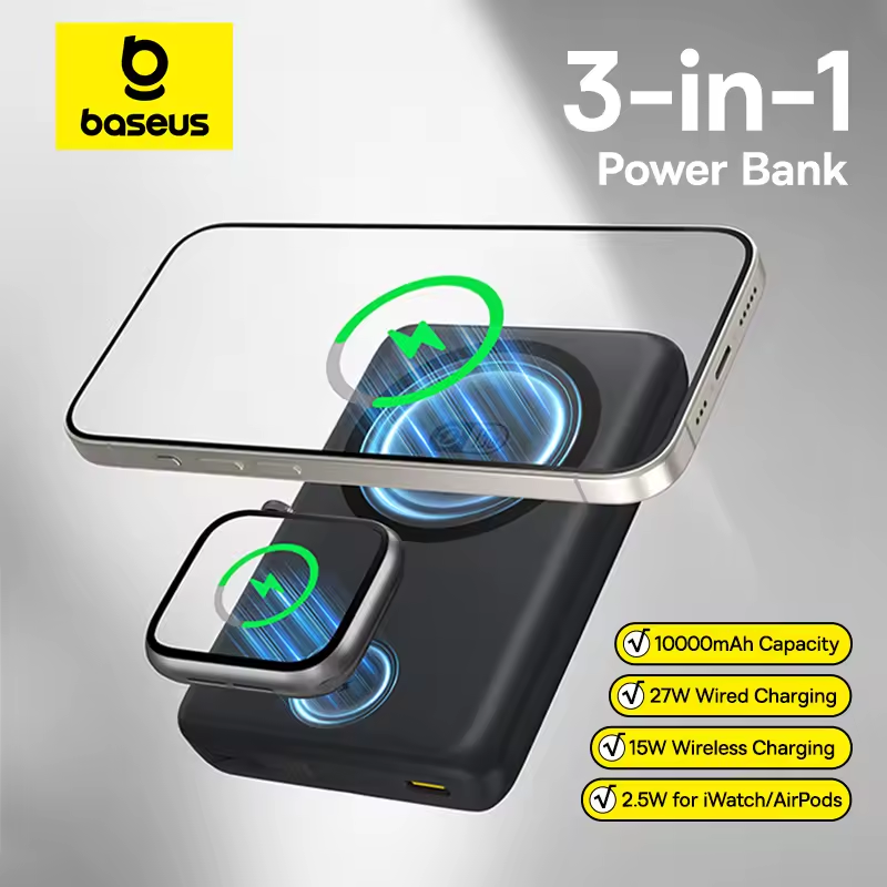 Baseus 3 az 1-ben power bank telefonnal, órával és power bankkal. Jellemzők: 10000mAh, 27W vezetékes, 15W vezeték nélküli és 2,5W iWatch/AirPods.