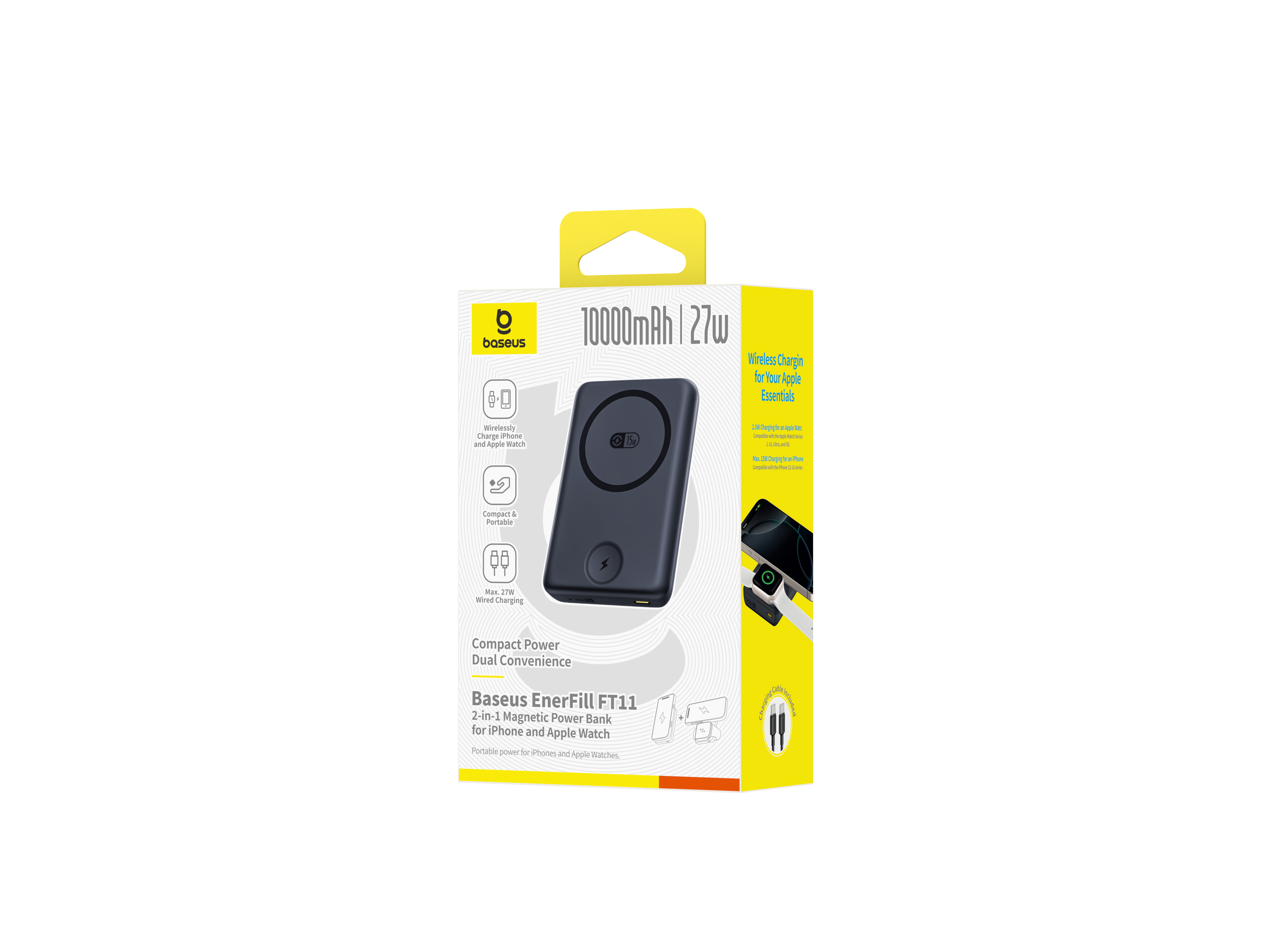 Egy Baseus EnerFill FT11 power bank doboz látható. Fekete és sárga, termékadatokkal és töltési képességekkel.