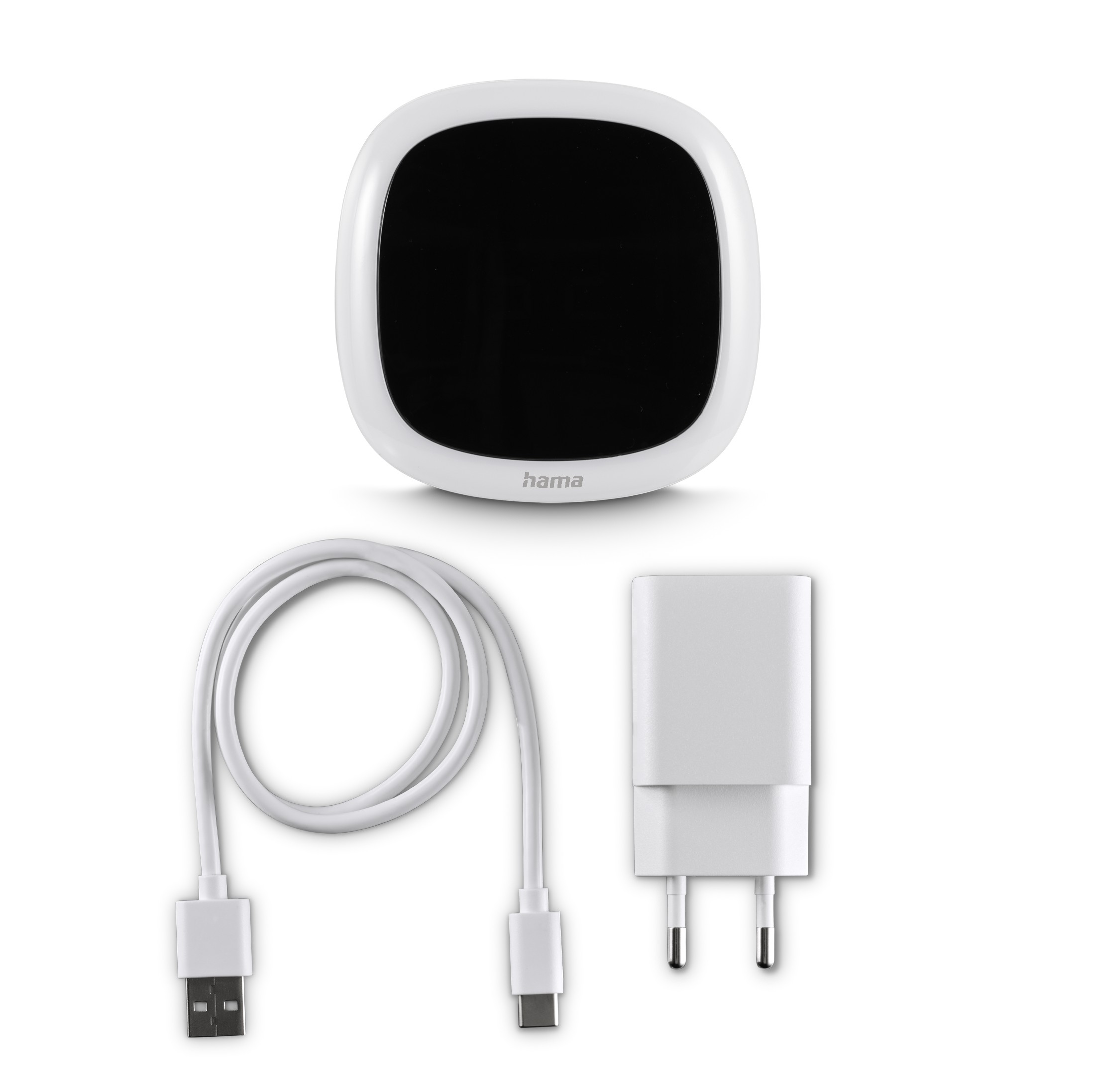 Białe urządzenie smart home, kabel i ładowarka na białej powierzchni. Urządzenie ma czarny ekran, a marka to 'hama'.