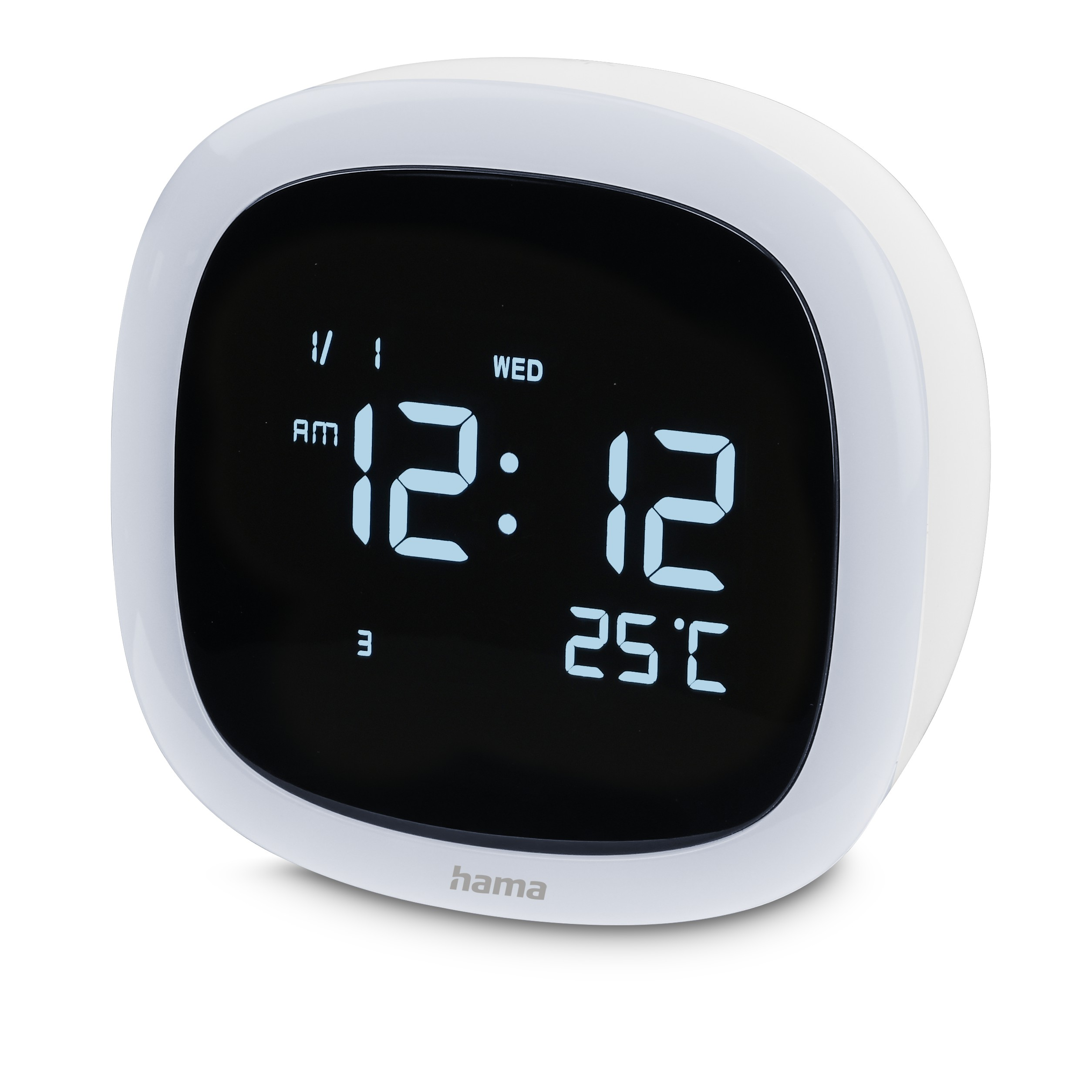 Biały cyfrowy budzik pokazuje 12:12 AM, środa i 25°C. Nazwa marki 'hama' jest na dole.
