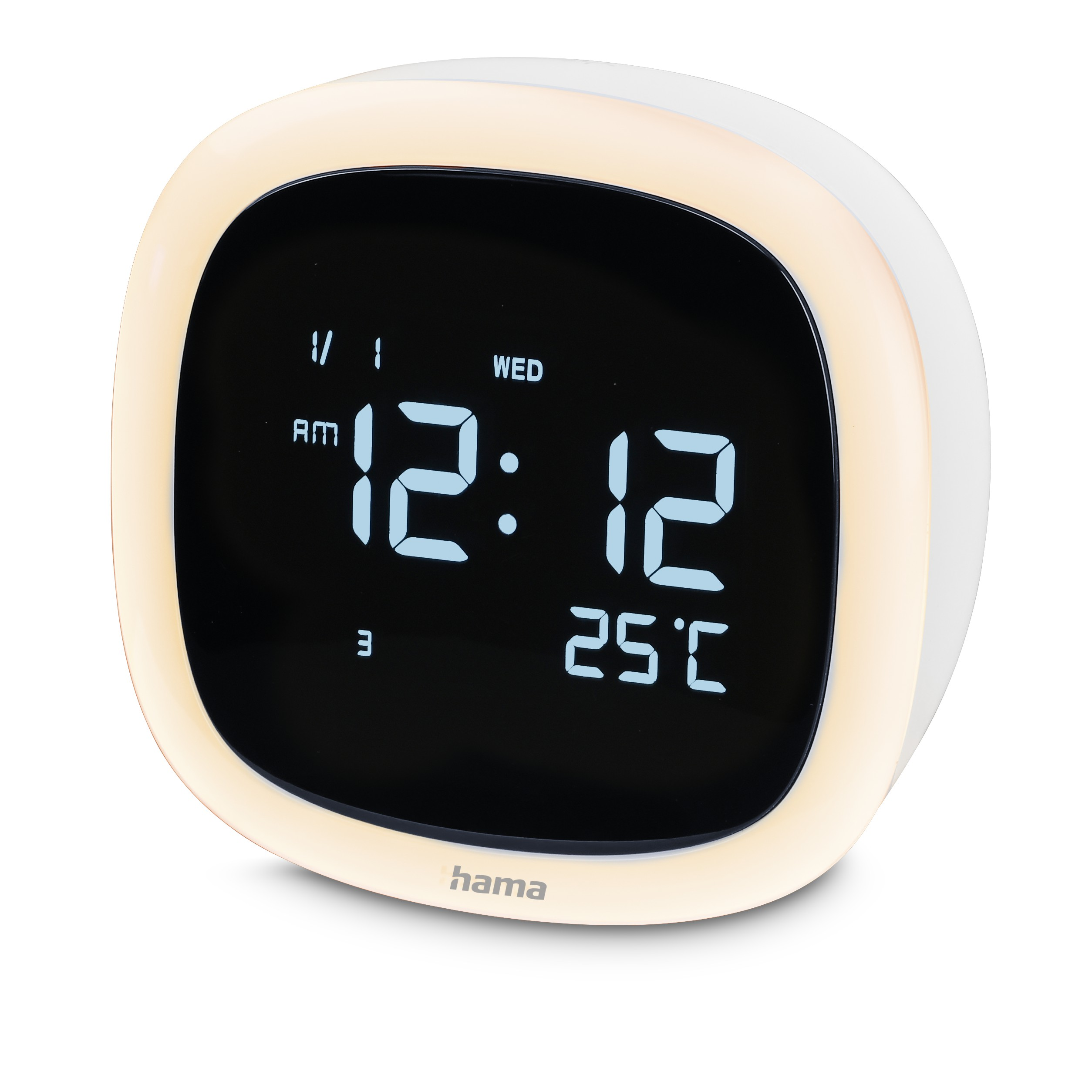 Biały cyfrowy budzik z podświetlanym obwodem. Godzina 12:12 AM, środa, temperatura 25°C.