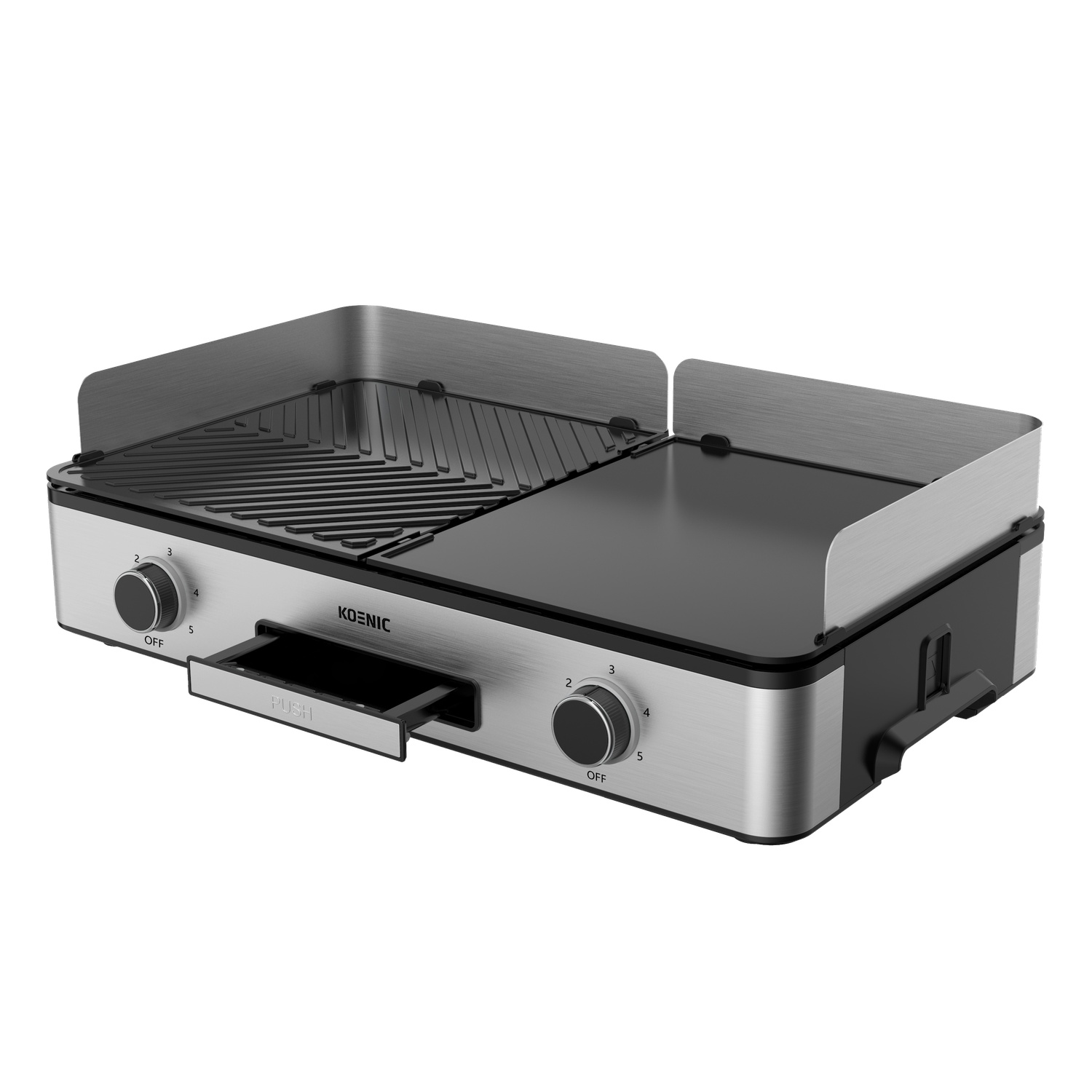 Een zilveren en zwarte elektrische grill met twee kookoppervlakken, bedieningsknoppen en een uitneembare lade. Het heeft een Koenic-logo.