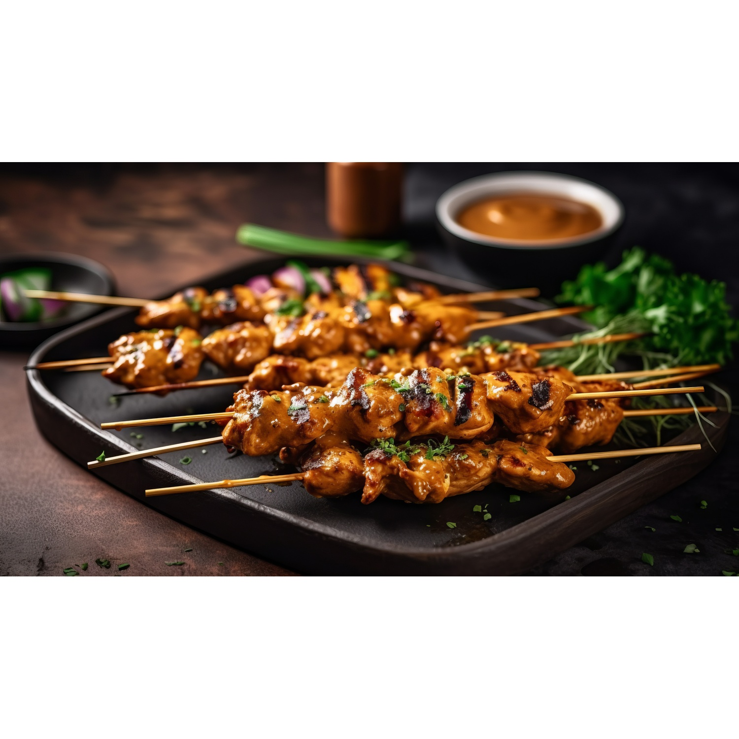Gegrilde kipsaté met saus op een donkere schaal, gegarneerd met kruiden. Achtergrond: een kom saus en wat groene uien.