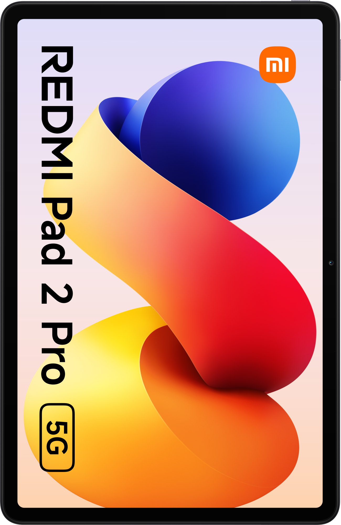 Tablet Redmi Pad 2 Pro 5G. Tło gradientowe: niebieskie, czerwone i żółte. Logo Xiaomi. Czarna ramka.